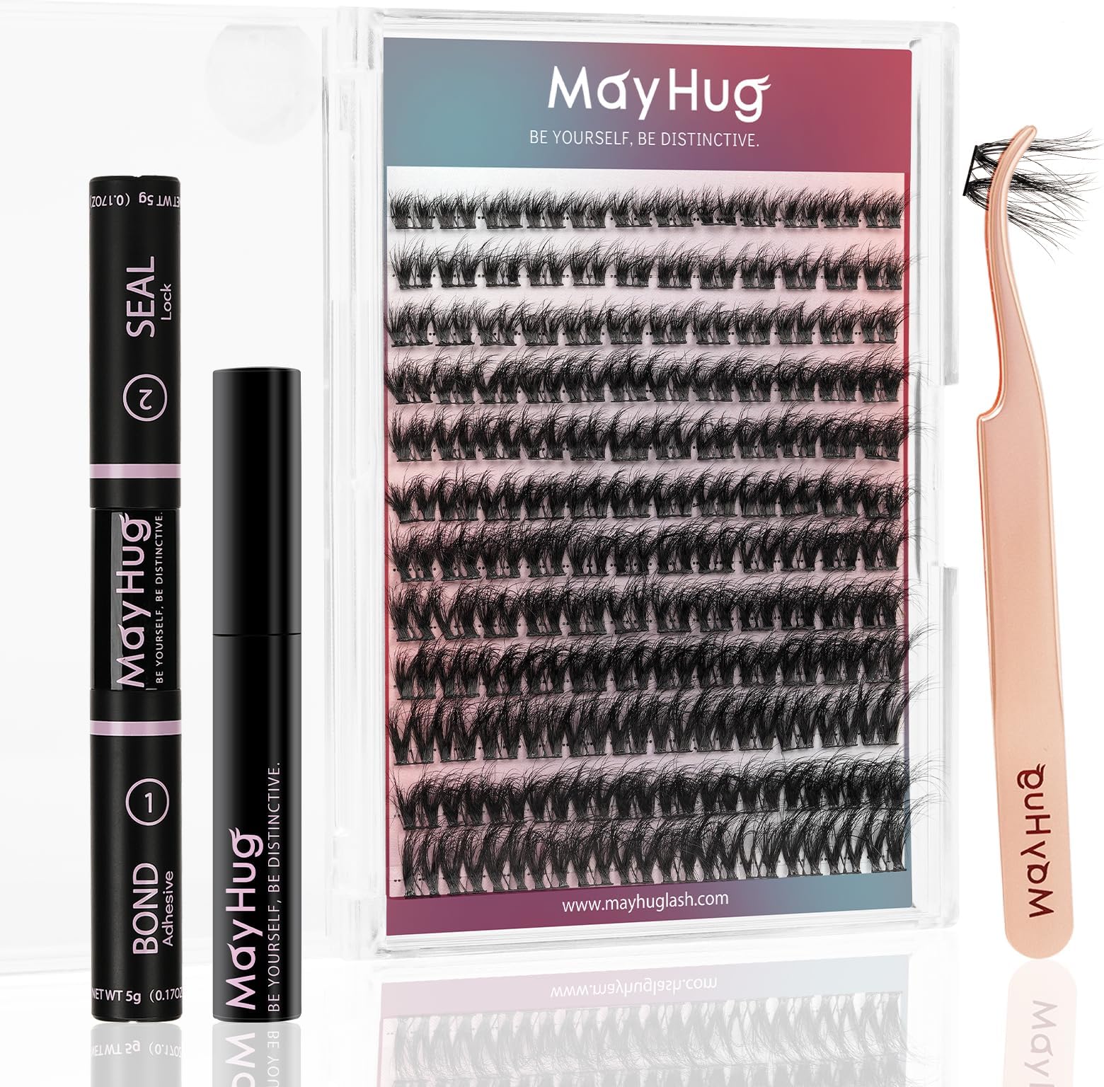 Mayhug Lash Extension Kit 144 Pcs, 3D Lash Clusters 8-18/D Curl Wispy Lash Clusters with 10ml Bond and Seal Waterproof, 5ml Lash Remover, Lash Tweezers Eyelash Extensions Kit at Home (Prism Kit)