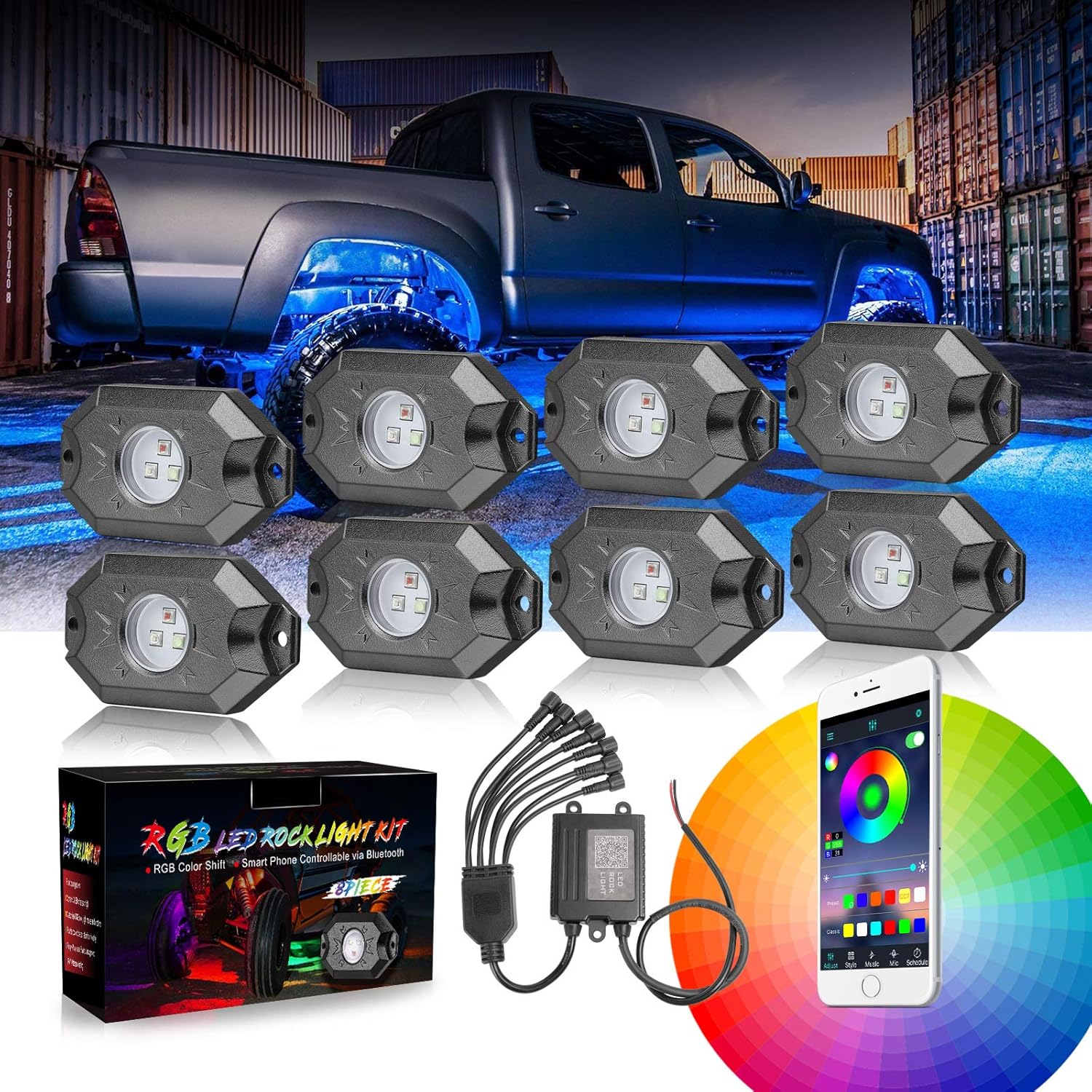 8 Pods RGB LED Rock Light Kits with Bluetooth Controller Waterproof Multicolor Neon LED Lights Underglow Trail Rig Lights for Trucks SUV ATV UTV Boat Motorcycle Off Road