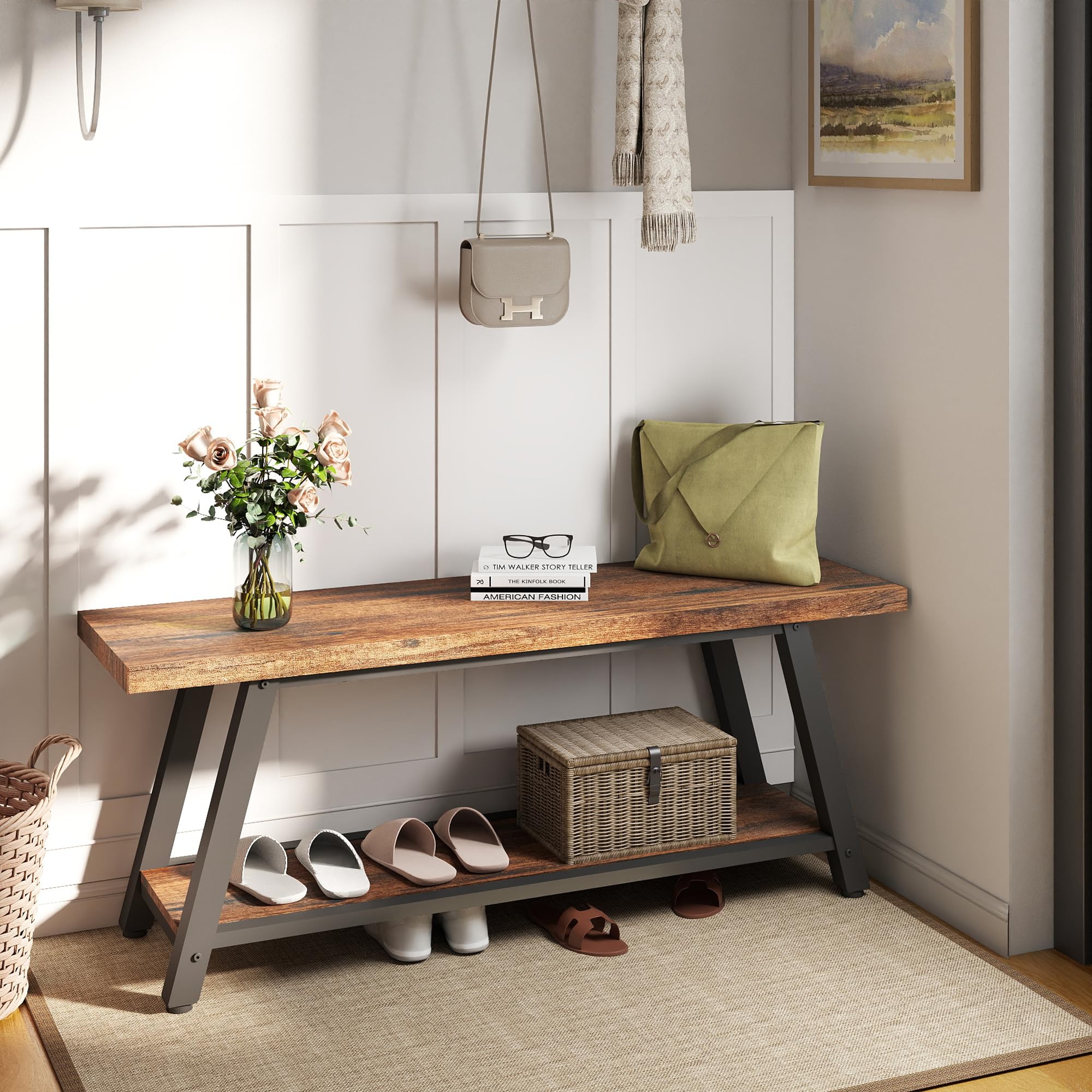 43" Wood Long Modern Farmhouse Entryway Bench, Wood Bedroom End of BedBench, Vintage Mid Century Rustic Style, Perfect for Mudroom, Storage, Living Room, Kitchen Rustic Brown and Black