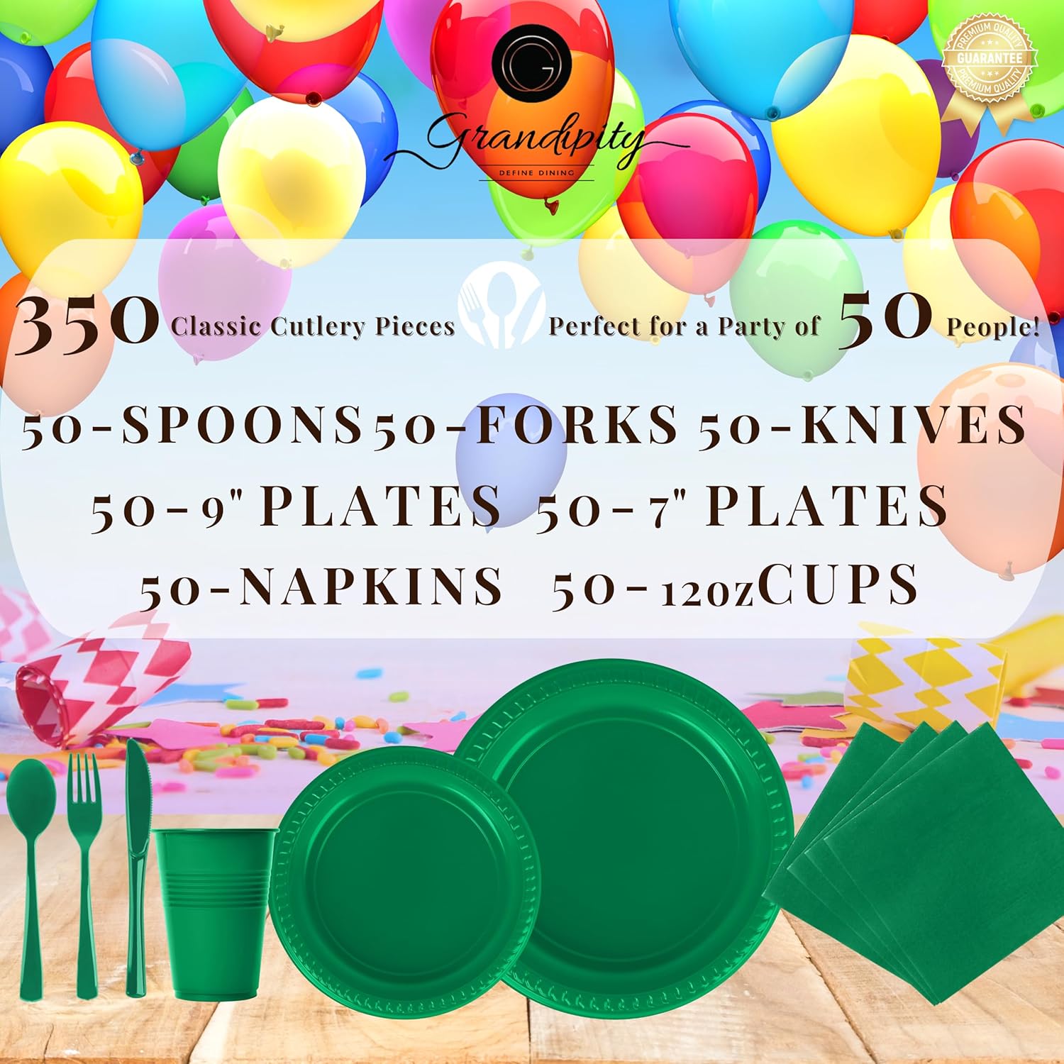 Grandipity 350 Piece Green Disposable Dinnerware Set, Includes 50 of Each: 9" Dinner Plates, 7" Dessert Plates, 12oz Cups, Paper Napkins, Forks, Knives & Spoons