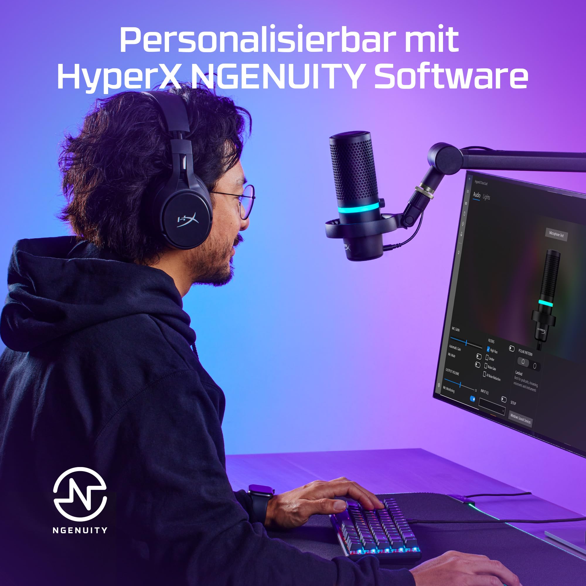 HyperX DuoCast - USB-Kondensatormikrofon - RGB-Beleuchtung, Integrierter Pop-Filter, Flache Mikrofonspinne, Verstärkungssteuerung, PC/PS5/PS4/Mac-kompatibel, Schwarz