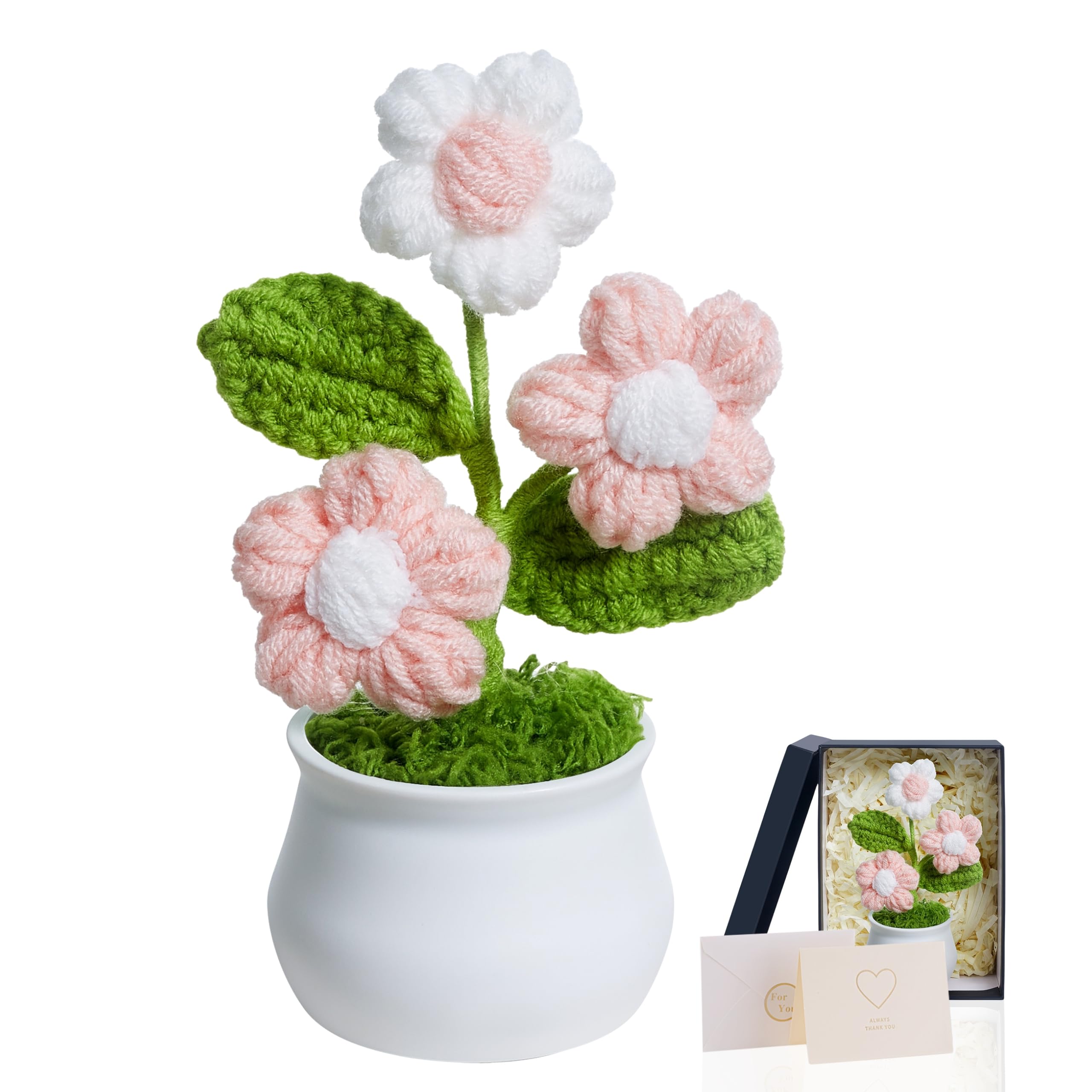 MAIBAOTA Pink Puff Crochet Flowers Thank You Teacher Gifts Handmade Forever Rose Knitted Flower Bouquet Potted Plants Cute Small Gifts for Women with Card and Gift Box Desk Decorations
