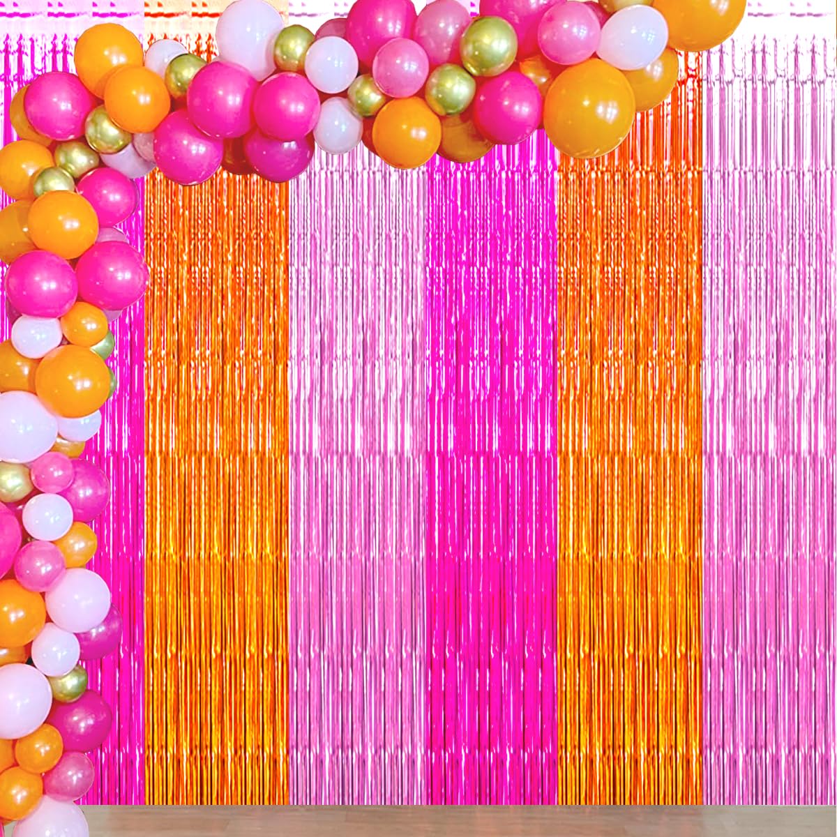 Decoración de fiesta rosa y naranja, cortina de fondo de flecos de papel de aluminio rosa, naranja y rosa intenso, serpentina de despedida de soltera de verano para cumpleaños, boda, baby shower,