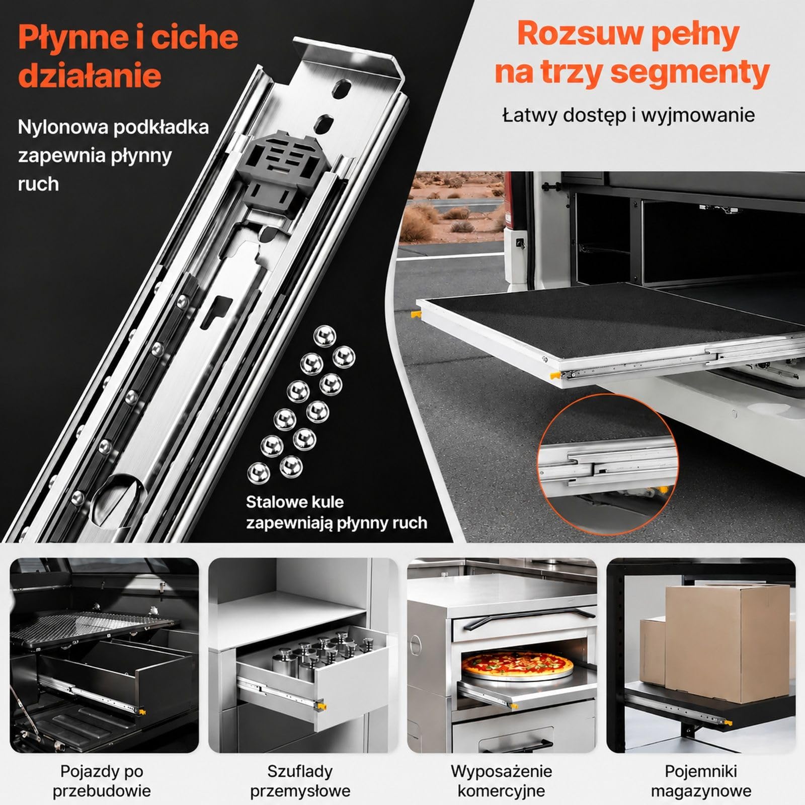 1 para prowadnic do szuflad z pełnym wysuwem i podwójną blokadą, boczne szyny teleskopowe do półek, szafek oraz przemysłowego przechowywania