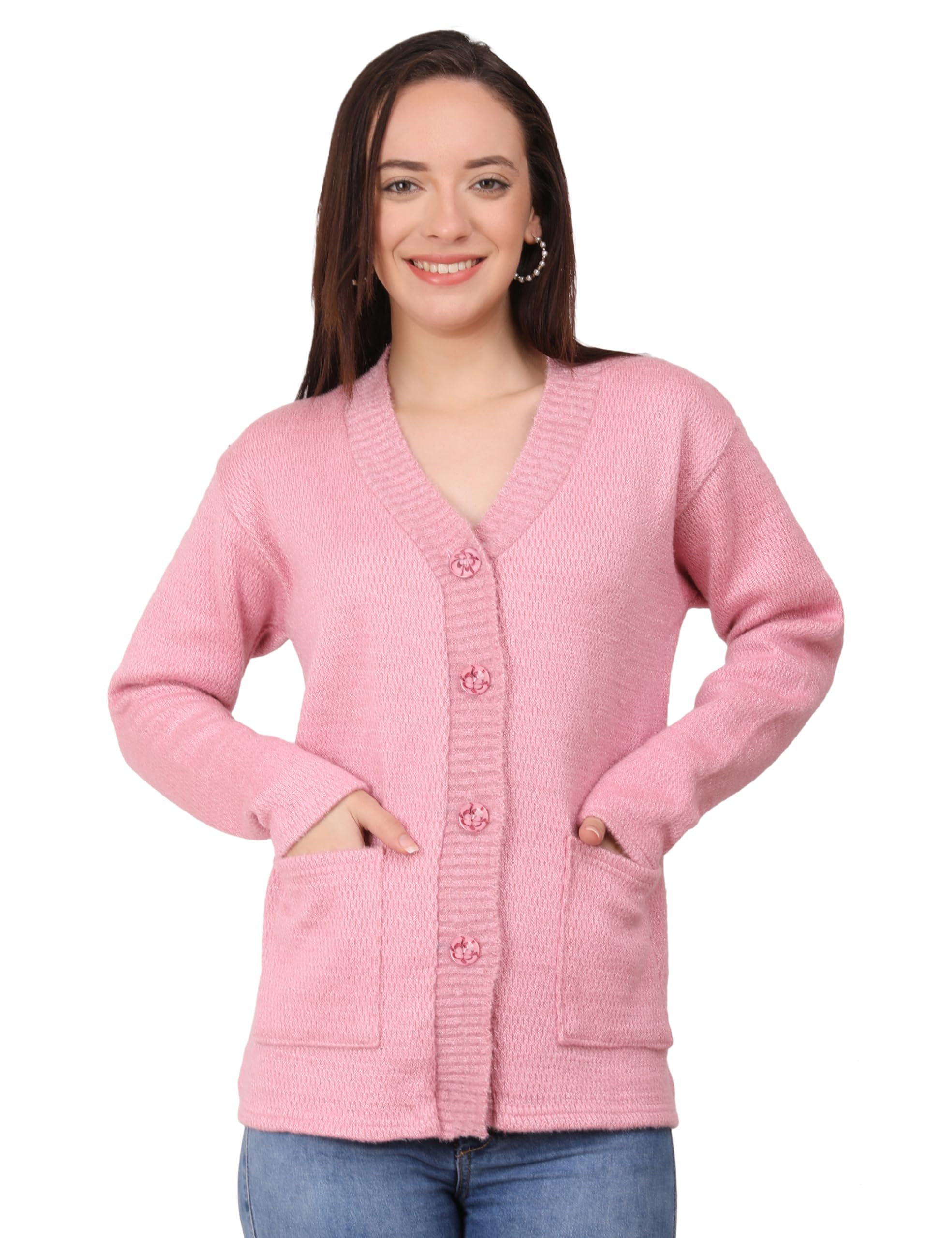 manra Women's Woolen V-Neck Buttoned Full Sleeve Cardigan Self Design Soft Wool Fabric Winter Wear Pure Wool Sweater Fully Warm, Front Pockets Cardigan-picture-54