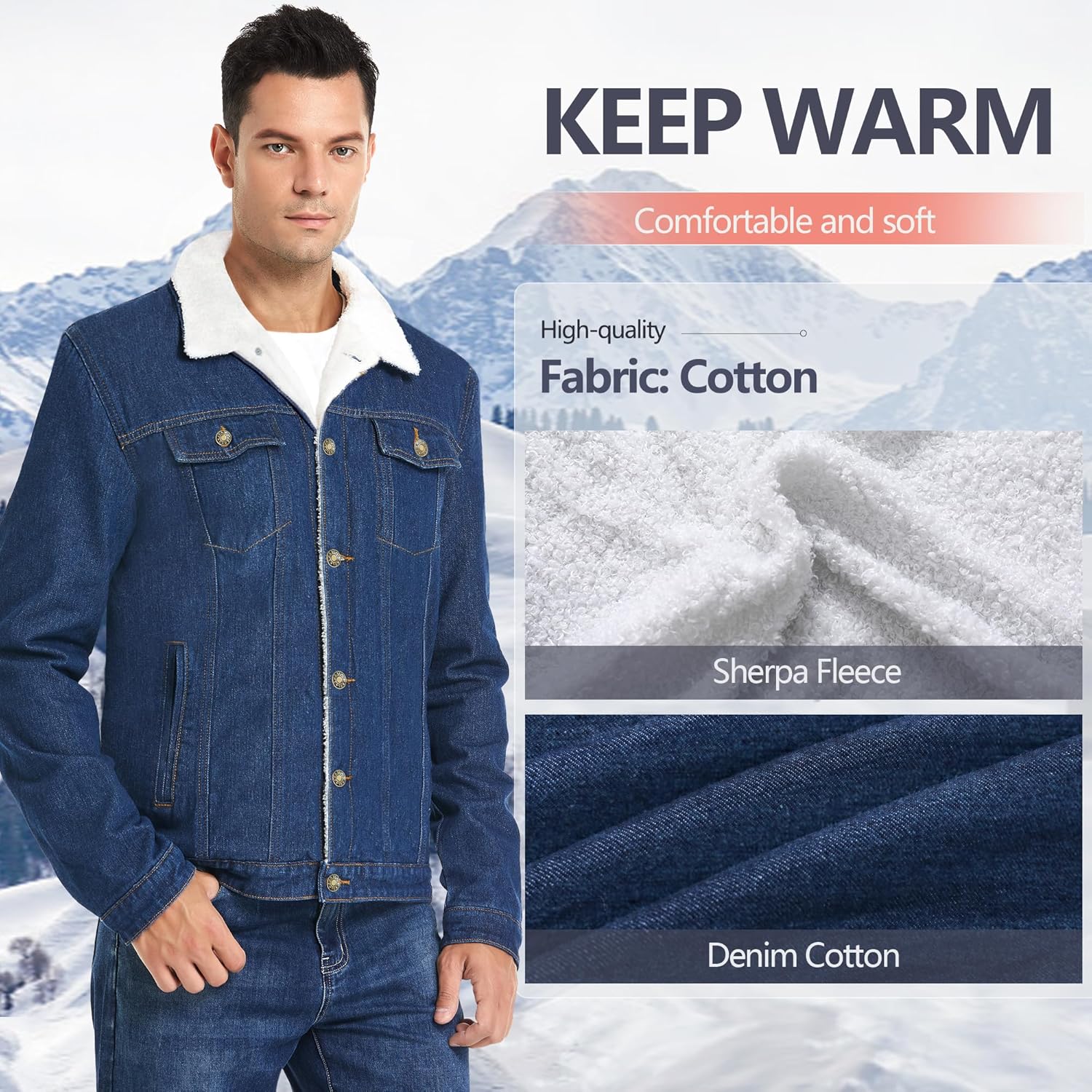 JYG Men's Winter Sherpa Lined Denim Jacket Warm Thicken Trucker Jacket with Multiple Pockets Dark Blue Small