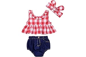 Adorable Baby Girl Cowgirl Outfit: Plaid Ruffle Tank Top & Denim Shorts