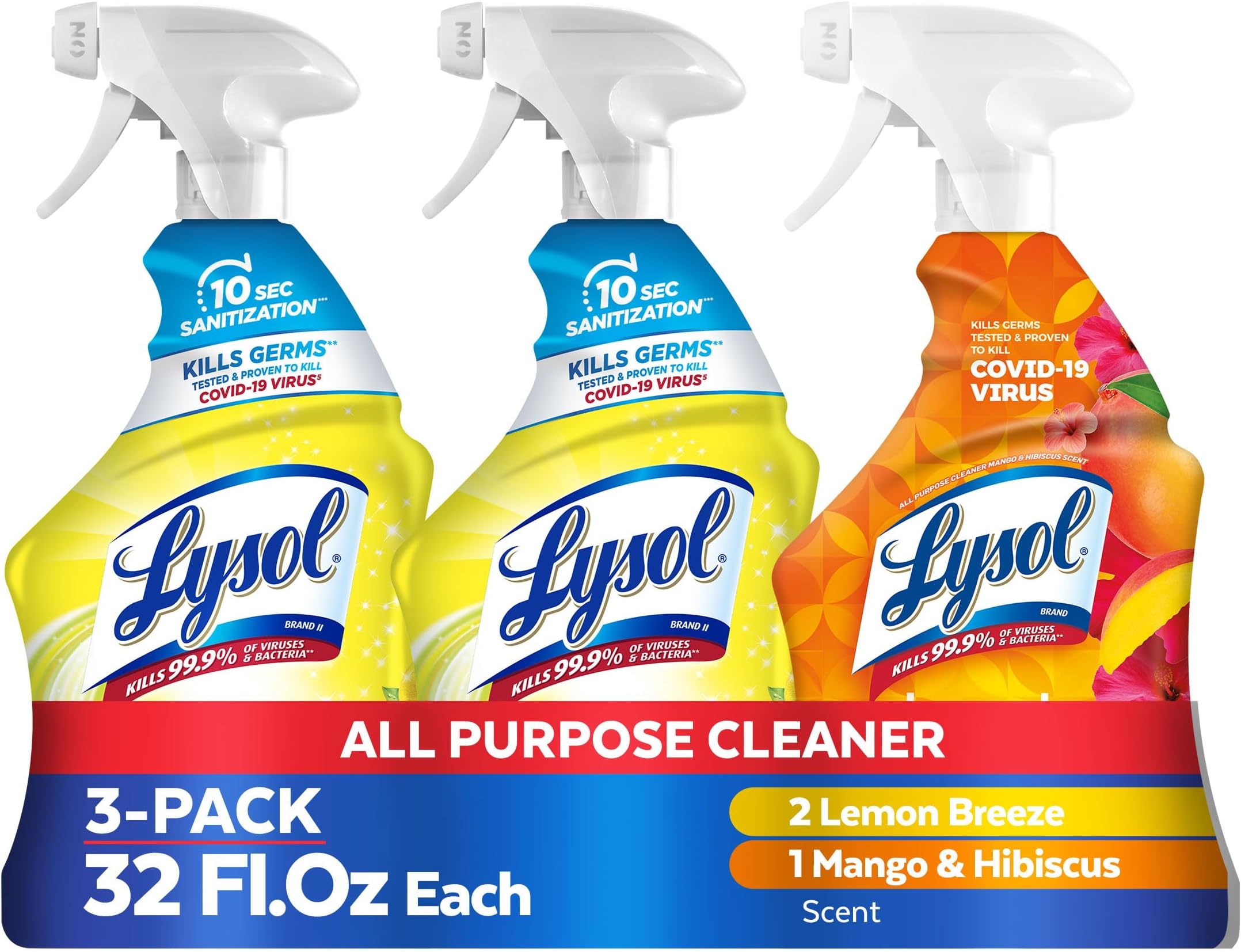 All Purpose Cleaner Spray, Multi-Purpose Disinfecting Spray, Kitchen & Bathroom Cleaner, Lemon Breeze (pack of 2) + Mango & Hibiscus (pack of 1)