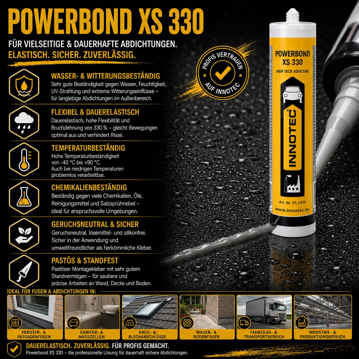 4 Stück Innotec Powerbond Schwarz - Premium Montagekleber - Kleben statt Bohren Wasserresistent - Kraftkleber für innen & außen - hohe Anfangshaftung universell einsetzbarer Baukleber - Kleber XS 330