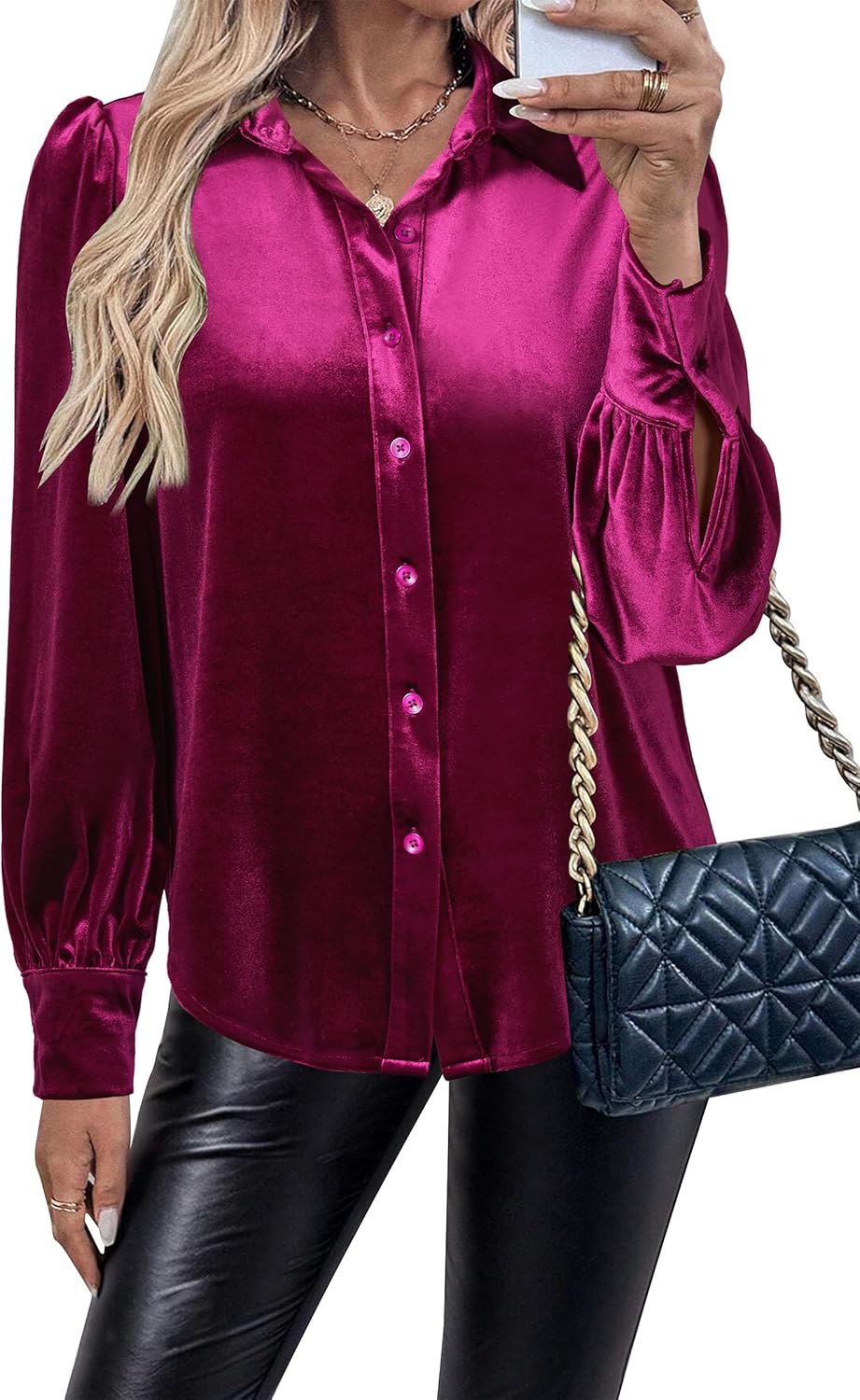 Newshows Women's Velvet Tops Dressy Casual Long Sleeve Smocked Work Blouses Trendy Blusas Elegantes Button Down Shirts