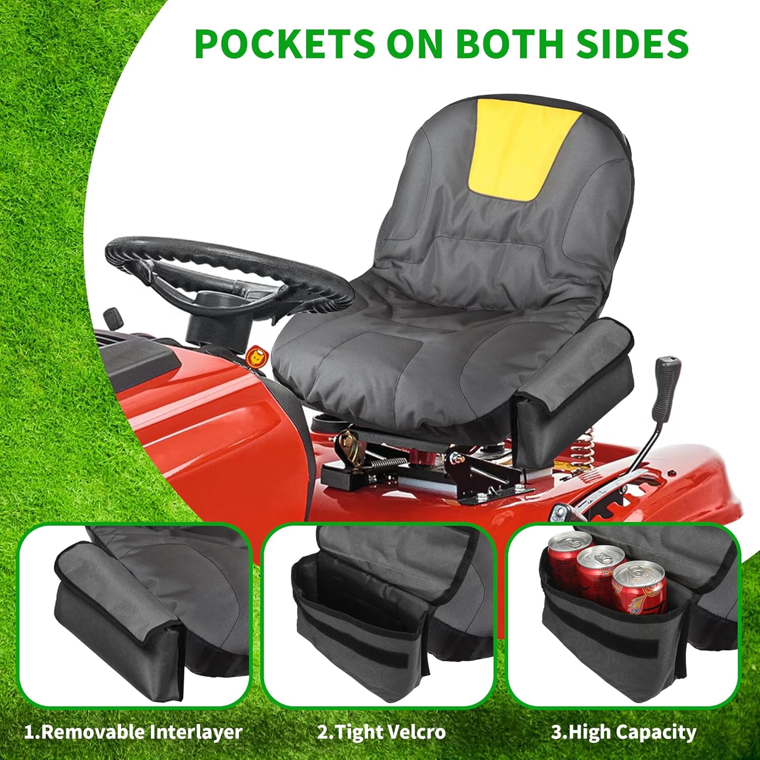 Riding Lawn Mower Seat Cover with Storage Bags, Tractor Seat Cover Oxford 600D Waterproof, Fabric, Wear Resistance, Heat Resistance, Suitable for Most Mowers, Forklifts, Tractors