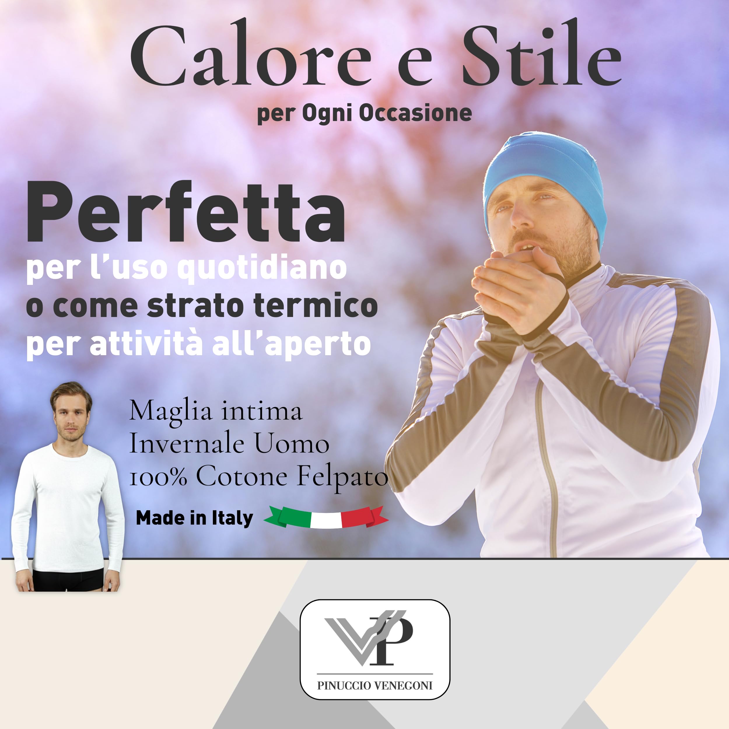 VP PINUCCIO VENEGONI Camiseta de manga larga para hombre (paquete de 2) 100% algodón afelpado | Camiseta térmica para hombre de invierno, cuello redondo, camiseta interior, fabricada en Italia