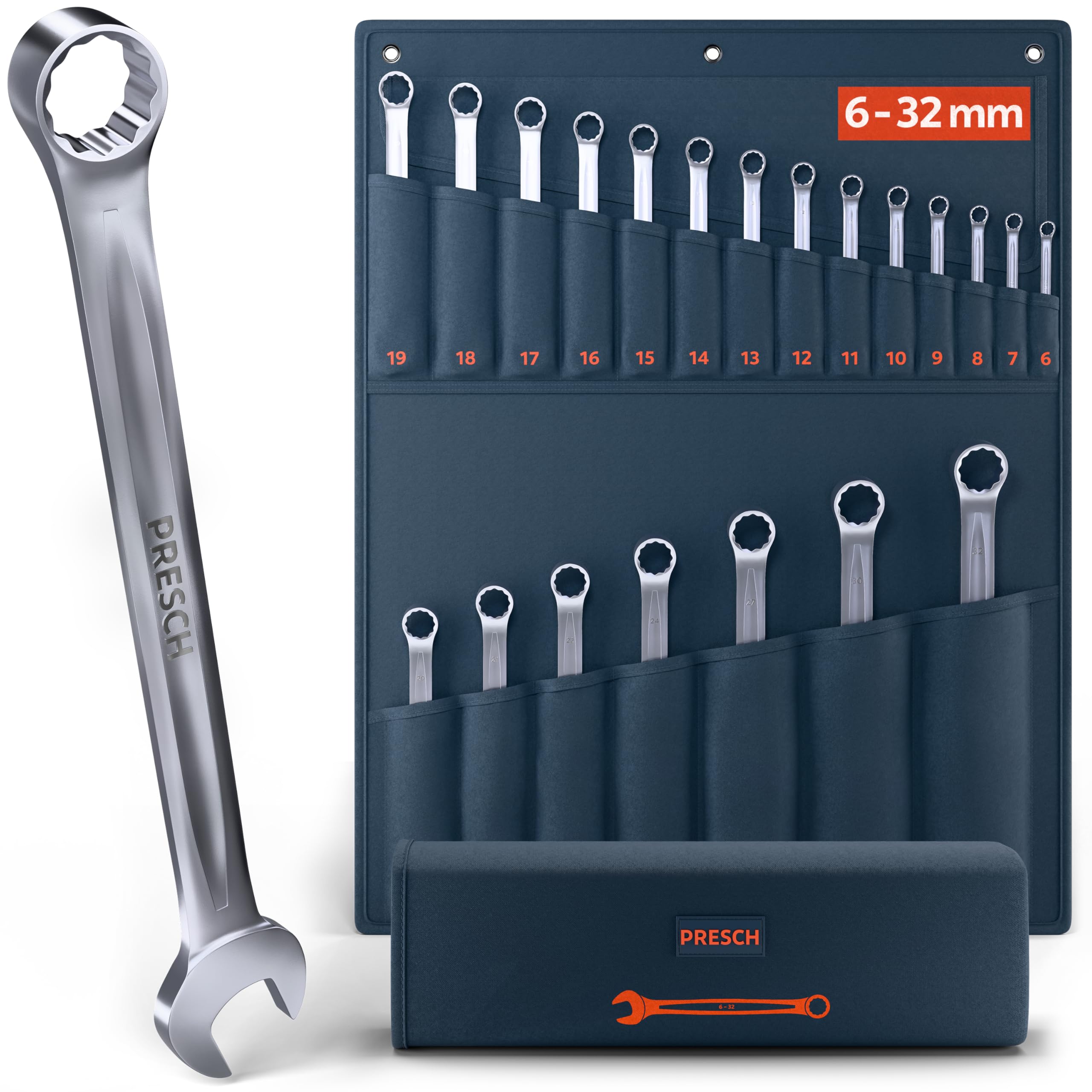 PRESCH Combination Spanner Set 21 pc. incl. Bag (6–32mm) – Precision-machined & Ultra-Durable Spanners – 15° Angled for Working in confined Spaces - Professional Wrench Set