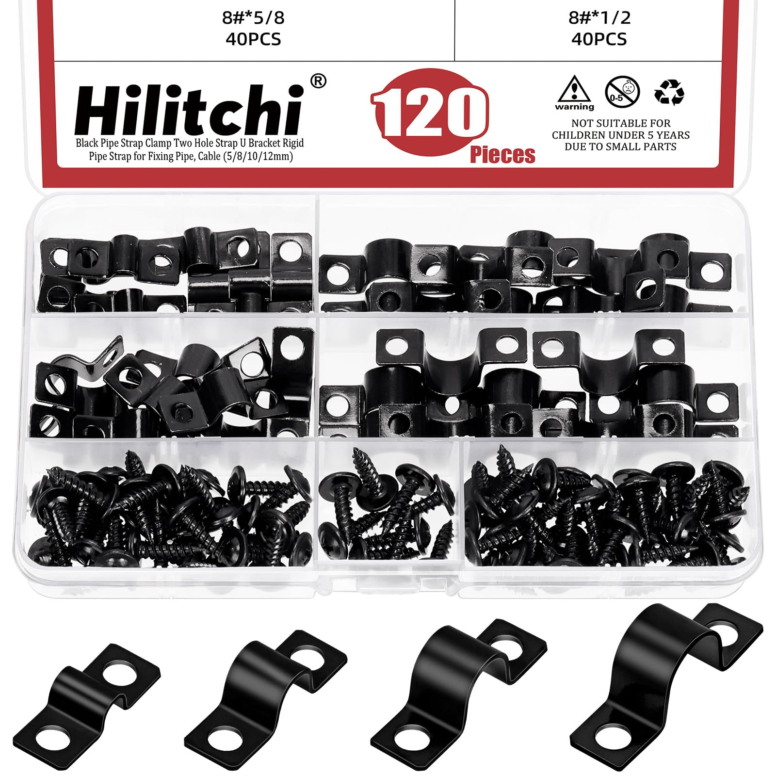 Hilitchi 120PCS 5MM 8MM 10MM 12MM Two Hole Strap with Screws Rigid Pipe Strap U Bracket Tube Strap EMT Pipe Straps U Bracket Tube Strap Clamp for EMT