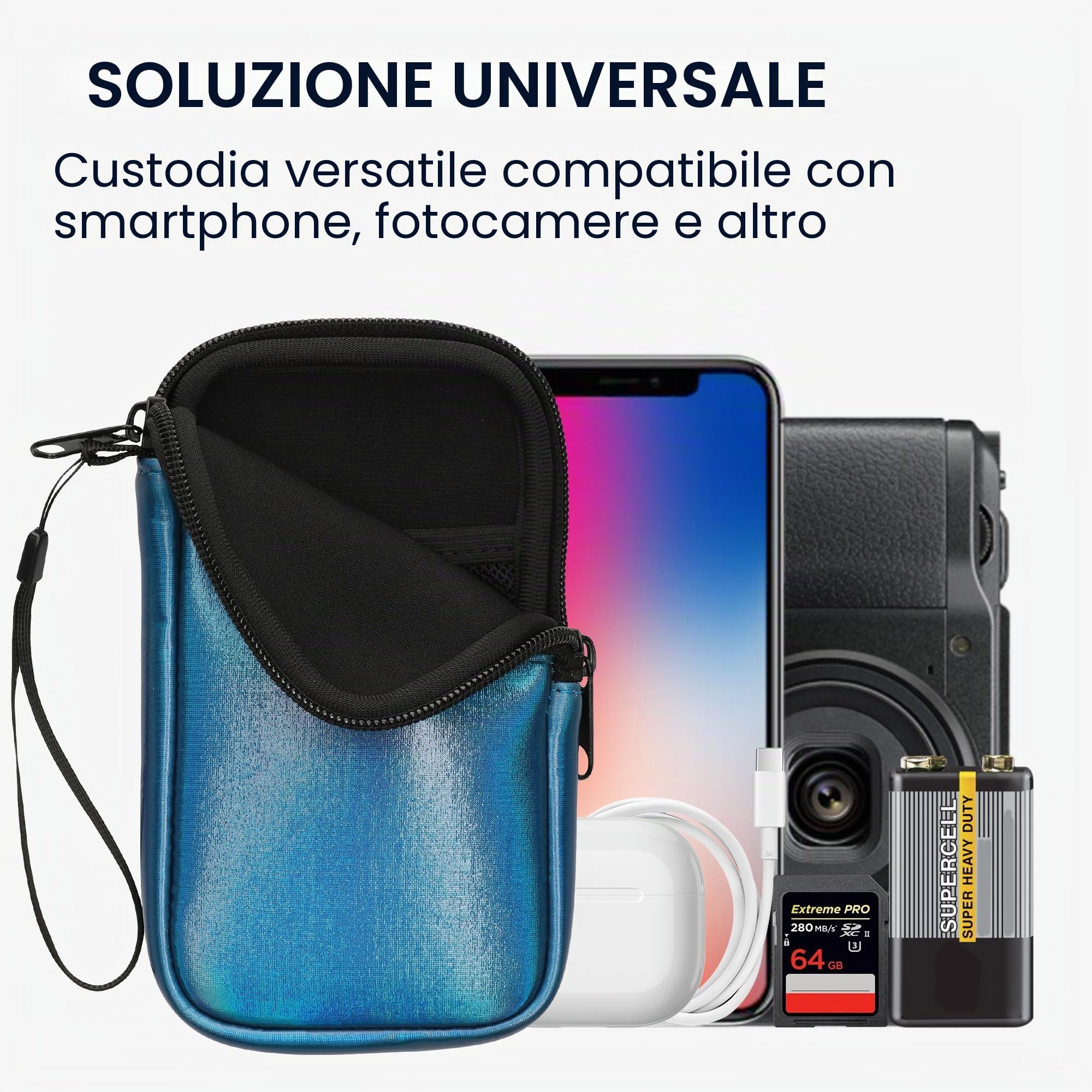 Custodia In Neoprene Con Zip Kwmobile Per Smartphone Fino A 4.5″ | Impermeabile, Antivista, Design Blu/grigio/nero