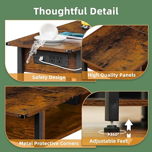 Miniatura 6 de Lerliuo Mesa auxiliar con estación de carga, mesa auxiliar estrecha con puertos USB y tomas, mesita de noche delgada marrón con estante de