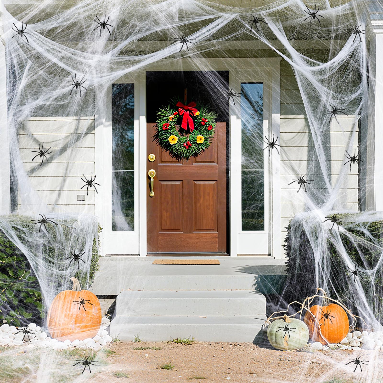 Newthinking White Cover 1500 Square Feet 300G Halloween Spider Web Stretchable Cobweb With 100Pcs Small Spiders For Halloween Indoor Outdoor Decorations
