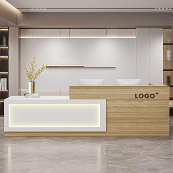 Office Reception Desk with Counter Sturdy Front Desk Reception Counter with Lockable Drawer & Light Strip Receptionist Easy to Put Together & Quick for Lobbies, Office, SOHO, Shop