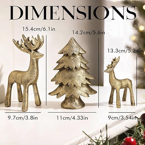 Miniatura 2 de Juego de 3 figuras de reno y árbol de Navidad, decoraciones navideñas de resina dorada con acabado metálico mate, elegante decoración de estatua de