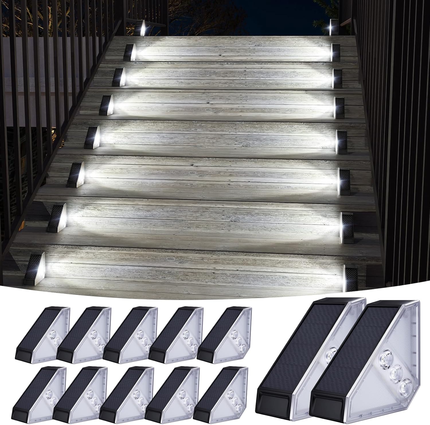 KINKAI 12 Pack Solar Stair Lights, Outdoor Step Light Waterproof Deck Lighting for Outside Garden Front Door Porch Yard Patio Decor (White Light)