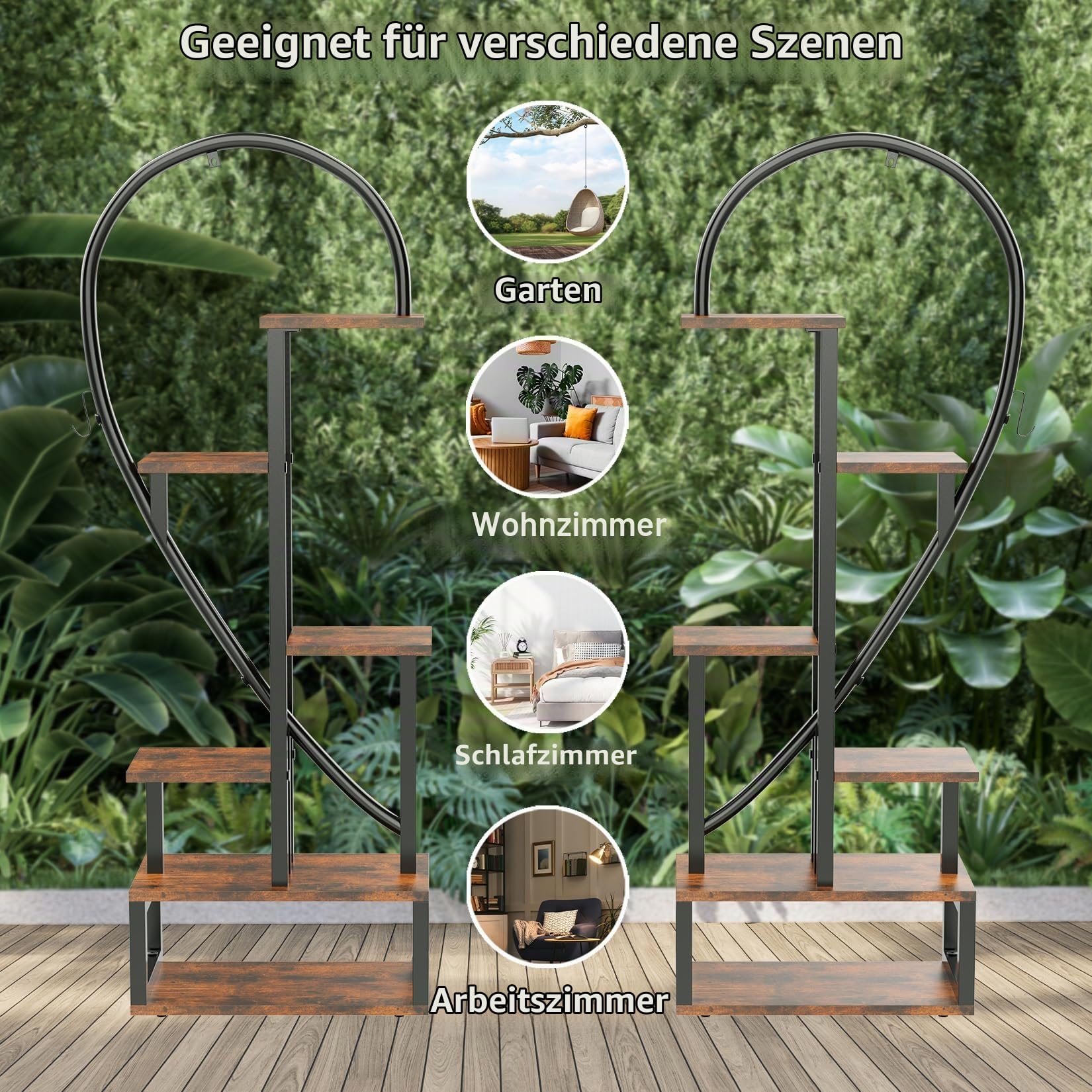 unho Blumenständer mit 6 Ebenen/4 Haken, 2 Stück Pflanzenregal Halbherzform, 165cm Hoch Pflanzenständer Blumenregal für Indoor Balkon Boden Wohzimmer