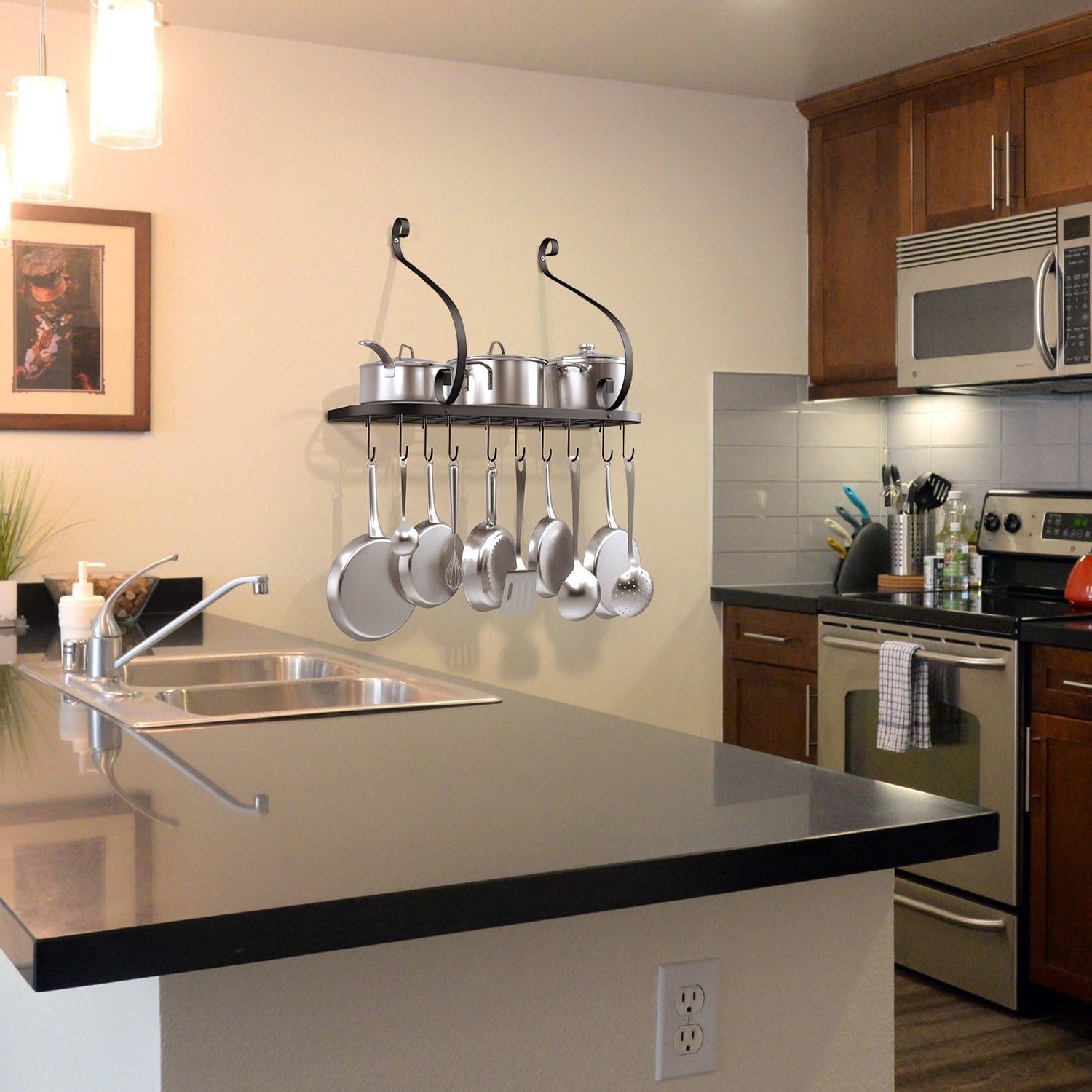 Vdomus wall mount pot pan rack, kitchen cookware storage organizer, 24 by 10 in with 10 hooks, black: Home & Kitchen