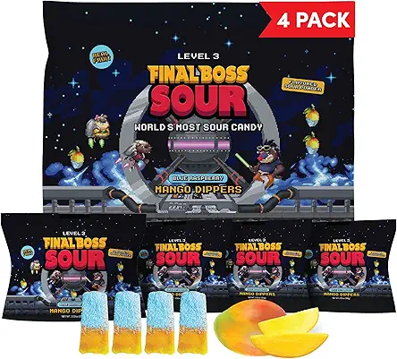 Final Boss Sour Fun Dip, Blue Raspberry, 4 Pack, Level 3, Extreme Super Sour Powder with Real Candy Tasting Dried Mangoes, All Natural 80s & 90s Holiday Sour Candy for Kids, Teens & Adults