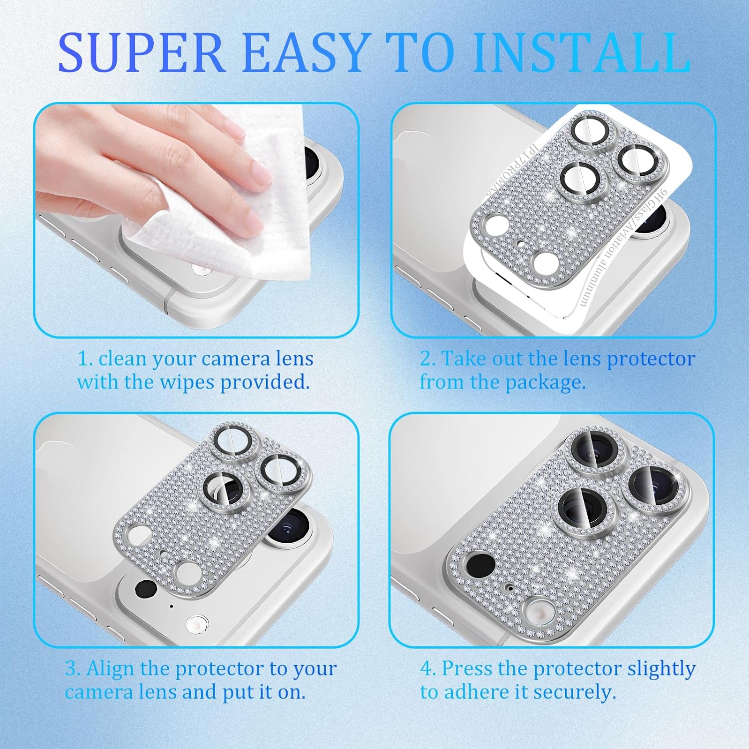 For iPhone 17 Pro Max Camera Lens Protector Bling Diamond Metal Aluminum Alloy Tempered Glass Camera Cover Glitter Camera Lens Protector [Strong-Adhesion][Case Friendly] Bling Diamond Sliver