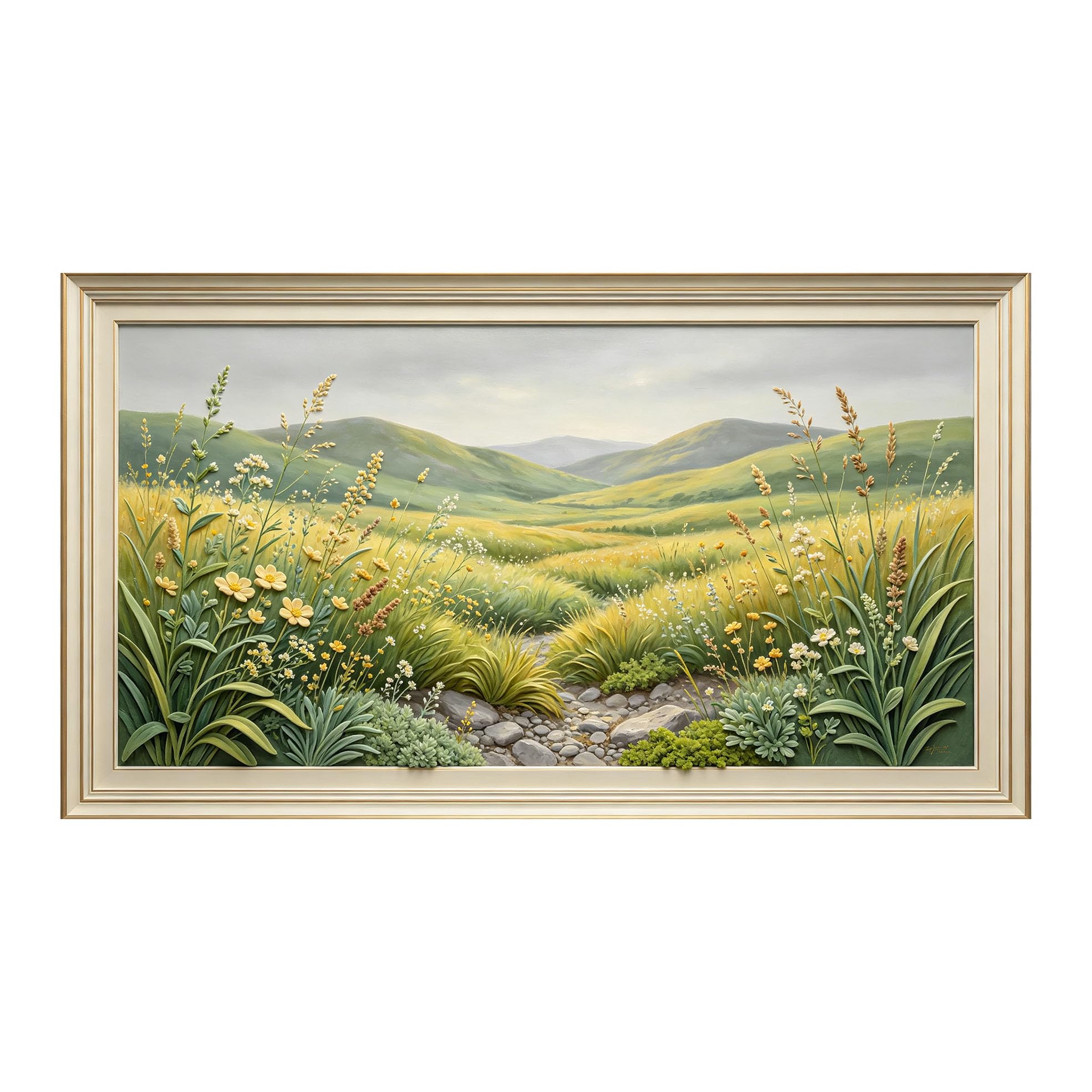 Murasolite 3D Framed Wall Art Meadow Landscape Pastoral Oil Painting SelfAdhesive Fabric Mural Wall Decor， Peel and Stick No Damage to Wall， AntiFall Safe Design for Bedroom Living Room