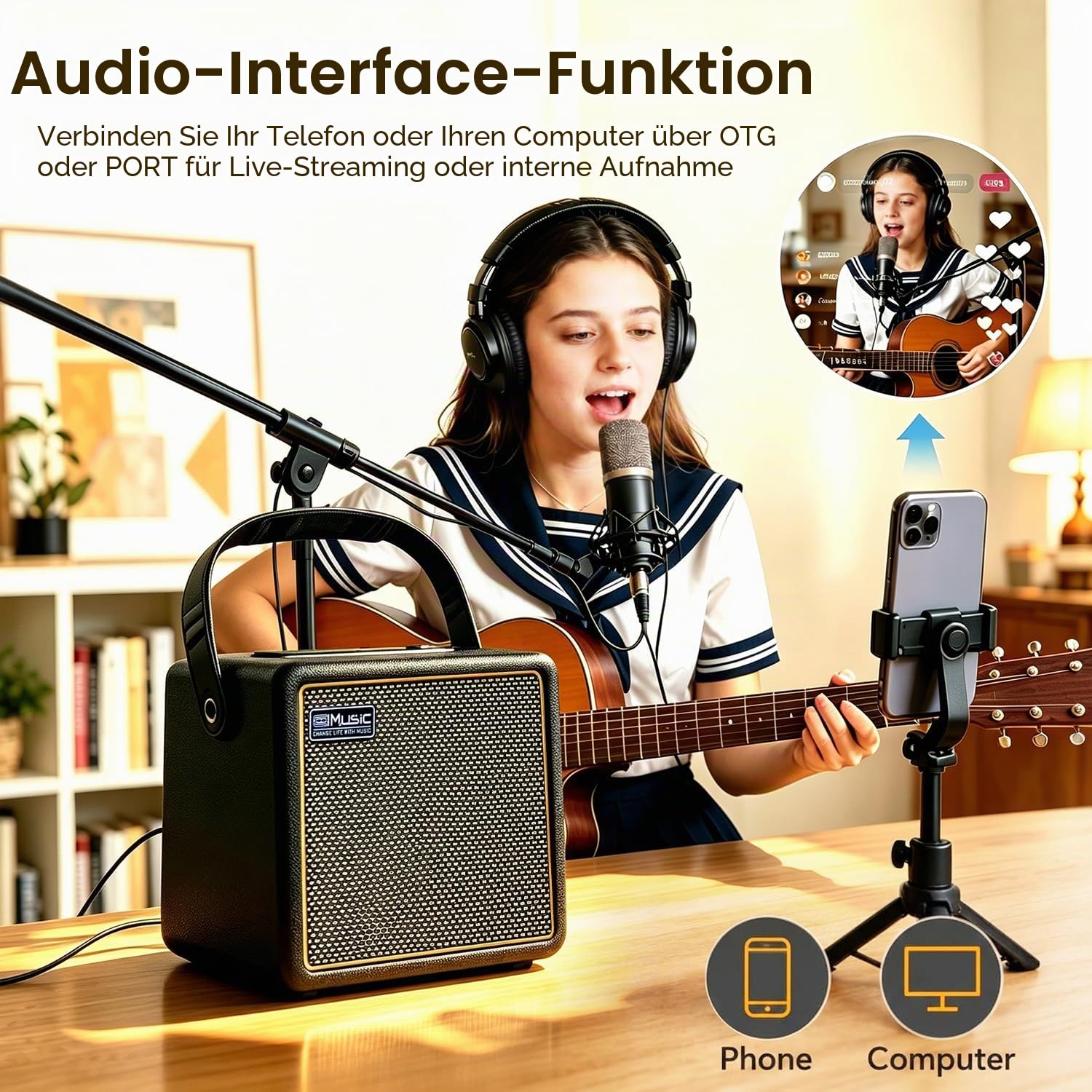 Coolmusic 30W Akustischer E-Gitarrenverstärker BT Tragbarer Gitarrenverstärker Lautsprecher mit Mikrofoneingang Bass Lautstärkeunterstützung Höhenregel Reverb-Effekt