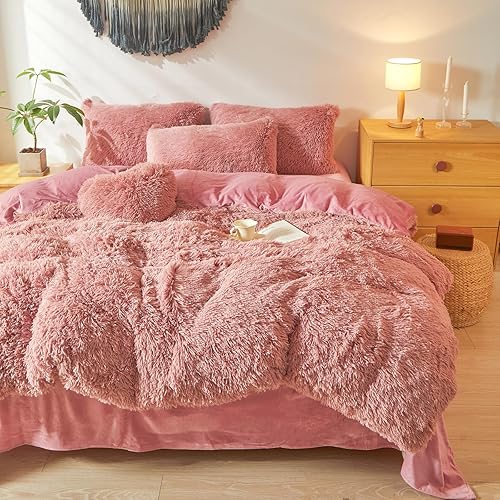 Miniatura 68 de Juego de funda de edredón rosa esponjosa tamaño Queen – Juego de ropa de cama de felpa de pelo sintético rosa de 3 piezas
