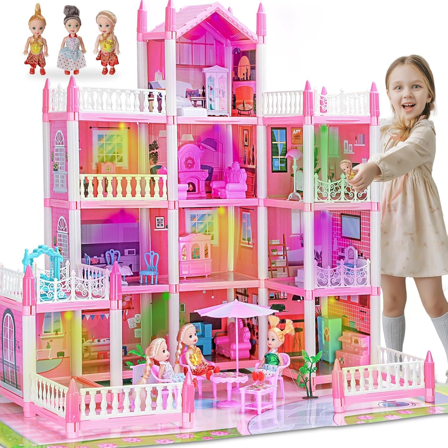 Doll House, Dream House for Girls Pretend Toys - 4 Story 16 Rooms Dollhouse 7-8 Furniture and Accessories, Toddler Playhouse DIY Building Kids Gift for for 3 4 5 6 7 8 9 10 Year Old Girls-image-48