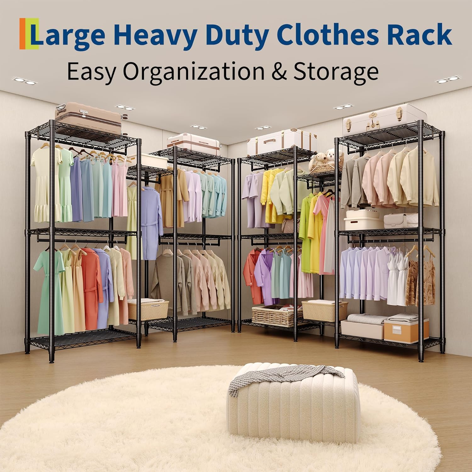 Clothes Rack for Hanging Clothes, Freestanding Garment Rack Adjustable Heavy Duty 1874LBS Capacity with 5 Hanging Rods and 8 Wire Shelves, Portable Closet Wardrobe Organizer, 76.5"H x 73.6"L x 17.4"W