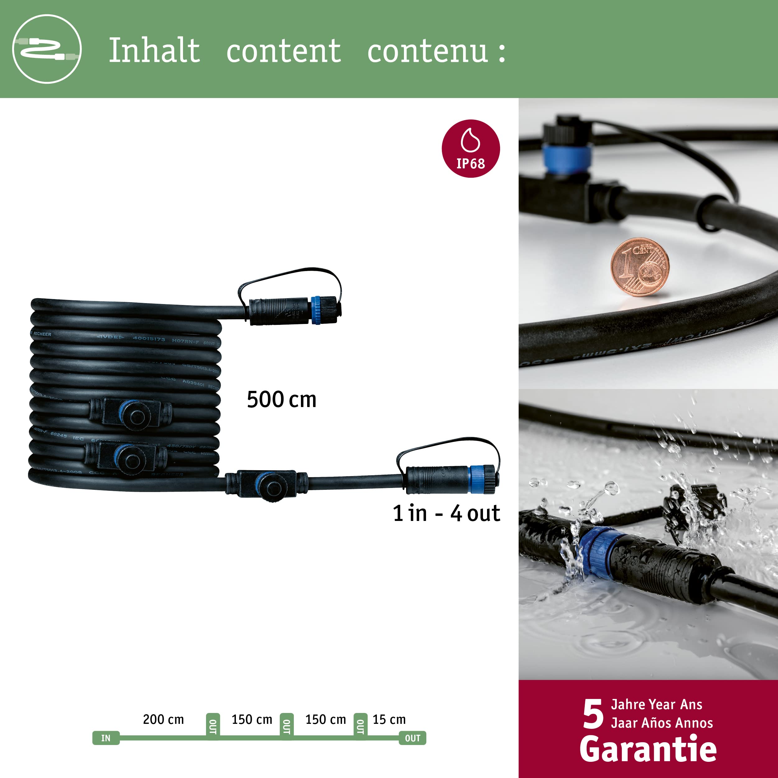 Paulmann 94596 Plug & Shine lampa zewnętrzna kabel 5 m 4 wyjścia IP68 czarny maks. 150 W czarny system oświetlenia ogrodowego tworzywo sztuczne