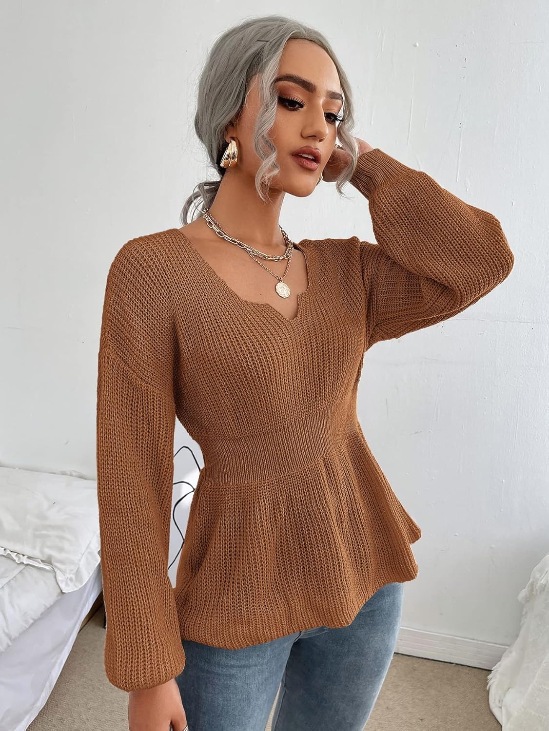 Women's Sweater Notched Neck Bishop Sleeve Ribbed Knit Sweater Sweater for Women (Color : Rust Brown, Size : Small)