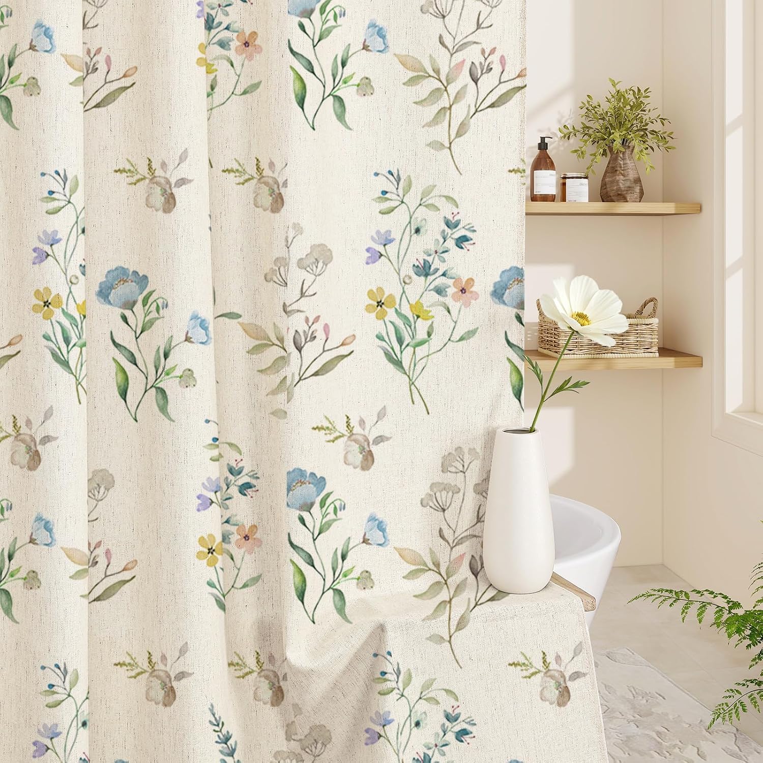 Linen Floral Shower Curtain, Blue Boho Shower Curtain for Bathroom, 72x72