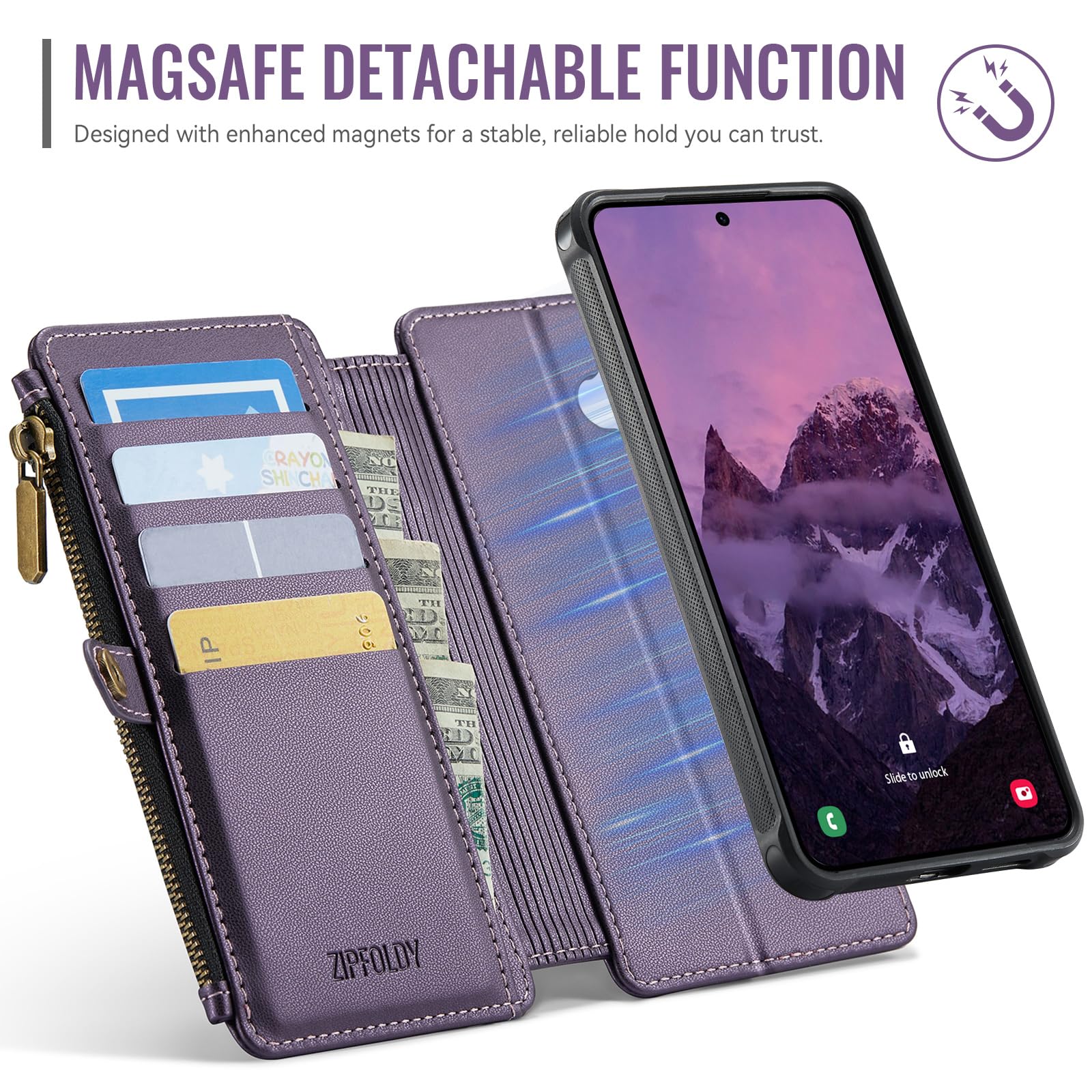 per Galaxy S24 - Custodia a portafoglio magnetica staccabile | Staccato per Magsafe, porta carte di credito con blocco RFID, borsa con cerniera, cinturino da polso, per donne e uomini