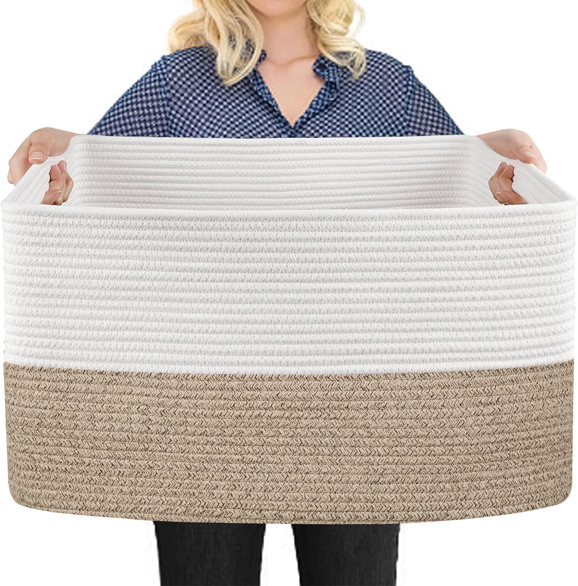 MEGASKET Extra Large Blanket Basket, 22" x 17" x 12" Rectangle Blanket Storage for Living Room, Soft Kids Dog Toy Basket Bin, Cotton Rope Baskets for Storage, Woven Throw Pillow Organizer Holder