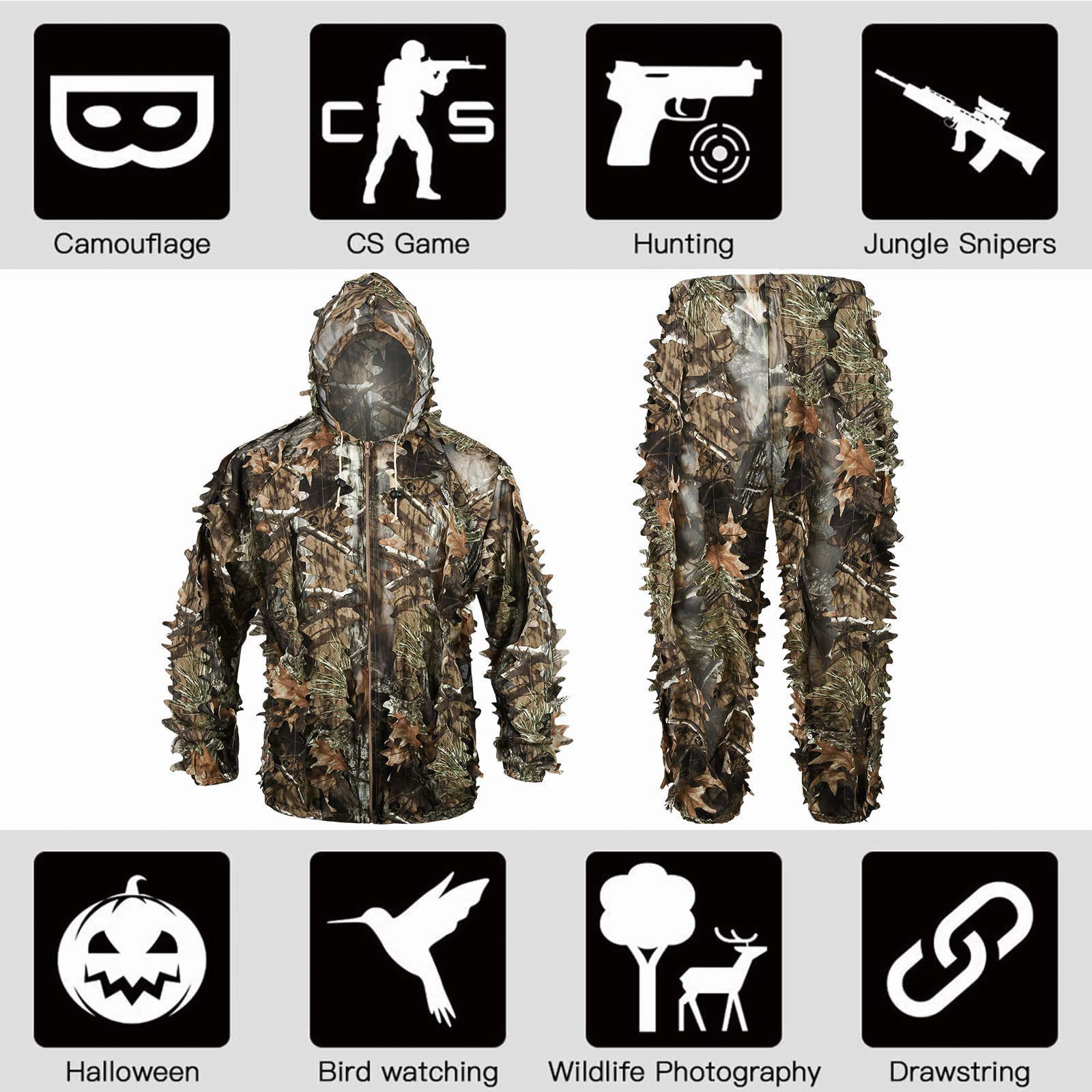 LOOGU 3D-Ghillie-Anzug mit Blättern, leicht, Camouflage-Anzug für Erwachsene, ideal für Airsoft, Jagd, Tierfotografie, Vogelbeobachtung, Halloween, Schießen…