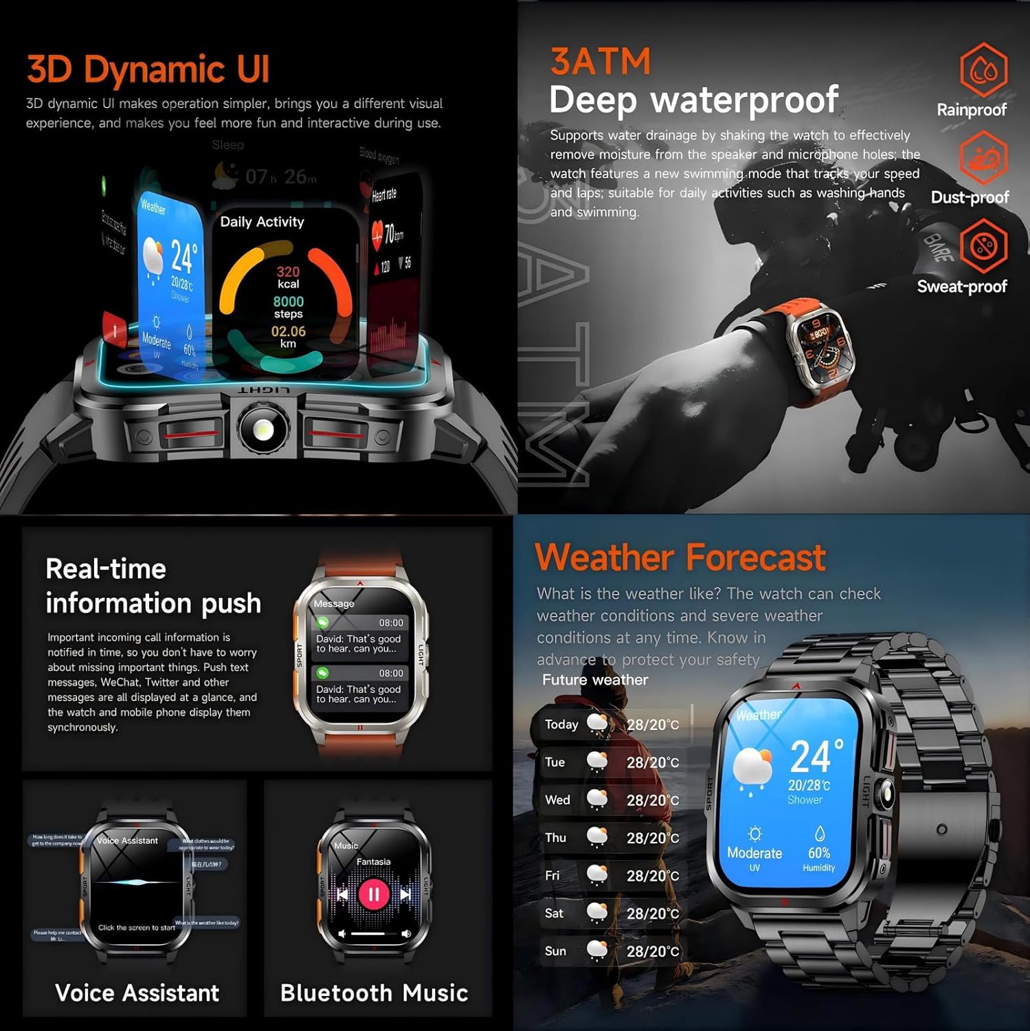 Curved Display Smart Watch for Men Smart Watches with Heart Rate Monitor Sleep Tracker Bluetooth Calling Message Notifications Fitness Tracker Calories Step Counter Flashlight Waterproof Wristwatch