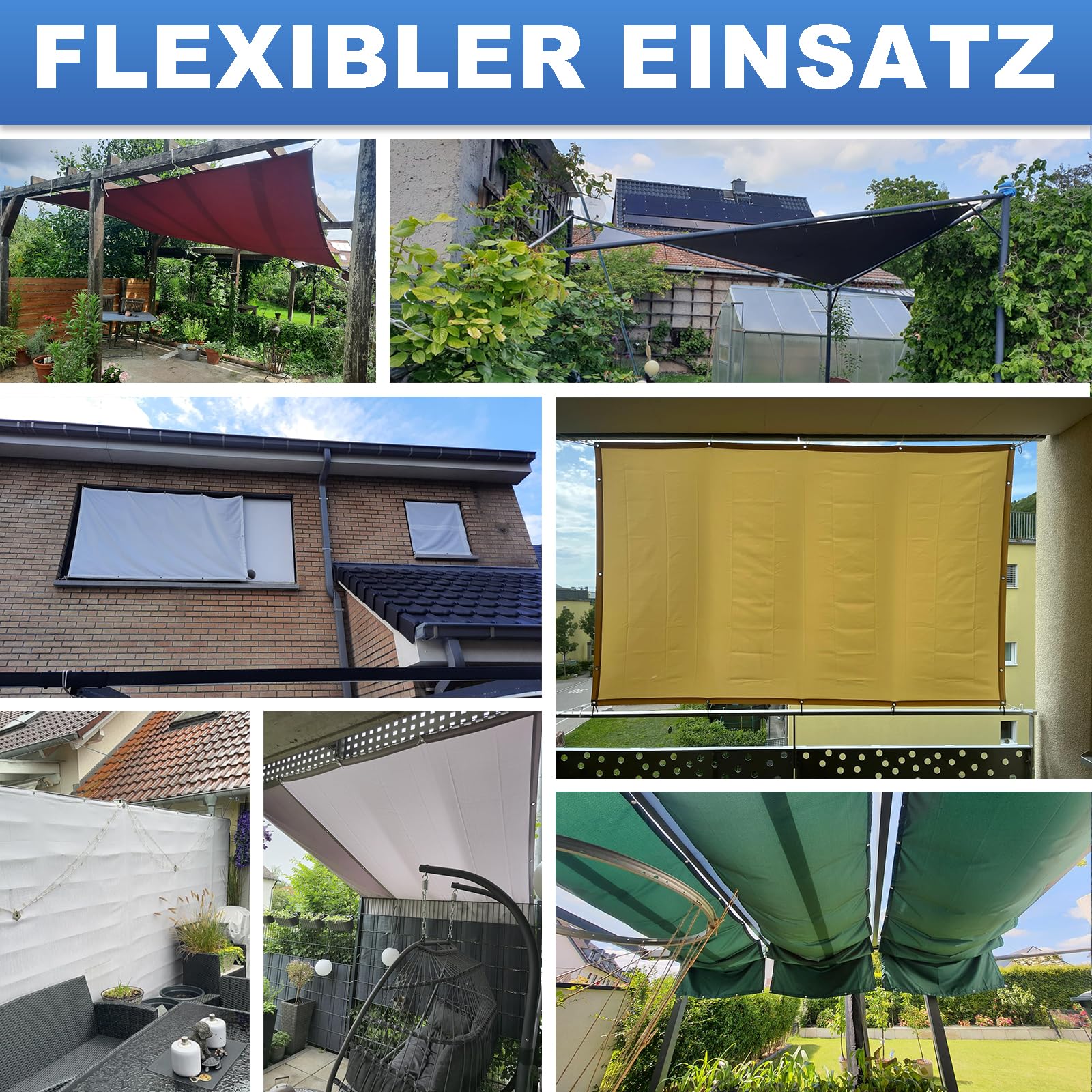 Sonnensegel Rechteckig Nach Maß Anfertigen mit ösen, Balkon-Sichtschutz Wasserdicht UV-Schutz, Länge 50-600 cm, Breite 100-600 cm, individuell anpassbar in 10 cm Schritten, für Balkon Terrasse
