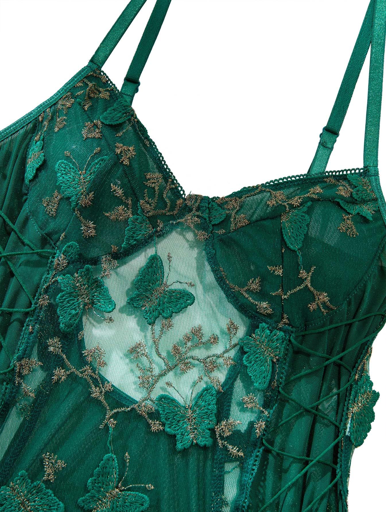 Lilosy Women Sexy Lace Up Floral Embroidered Teddy Lingerie Bodysuit Top Mesh Sheer One Piece: XX-Large Butterfly Army Green