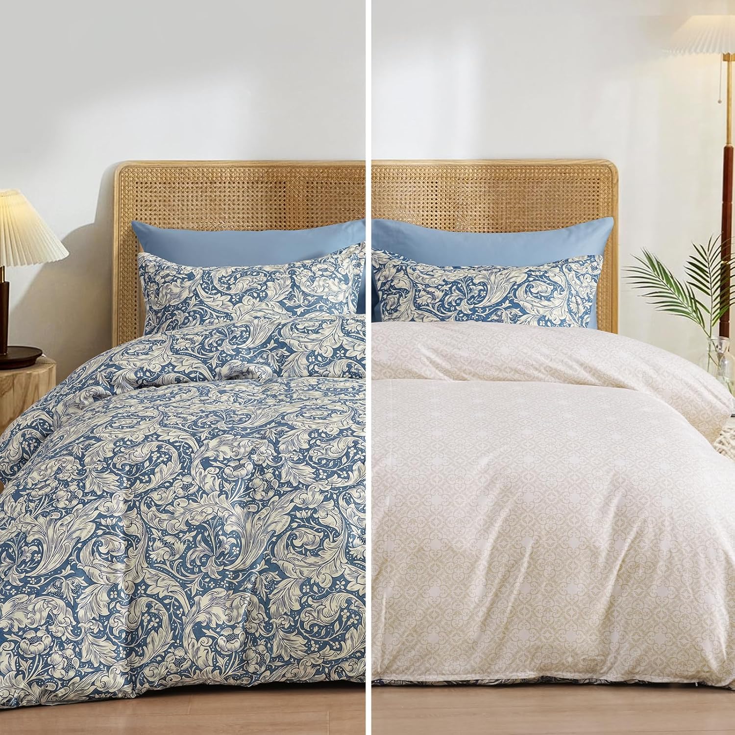 PHF Ultra Soft Floral Duvet Cover Queen Size, Revisible Boho Printed Vintage Bedding Set 3 Pieces, Comfy Durable Morris Garden Duvet Cover Set with 2 Pillow Shams, Zipper Closure and 8 Ties, 90"x90"