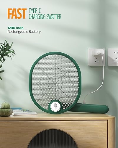 Miniatura 4 de Buzbug Matamoscas eléctrico, tipo C, recargable, tipo C, matamoscas plegable para interiores y exteriores, matamosquitos con luz de trabajo