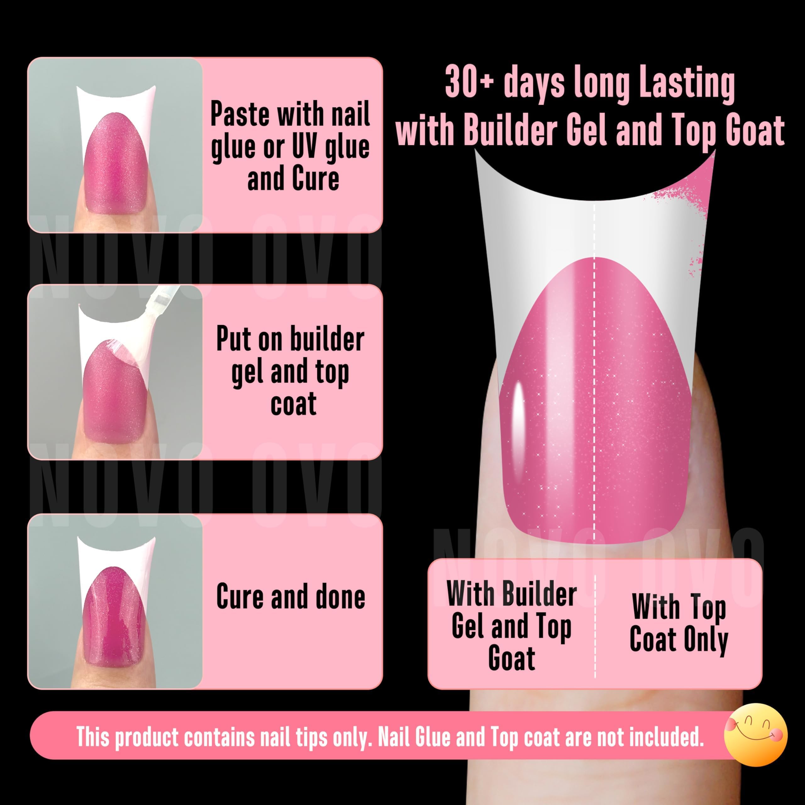 NOVO OVO Halloween Duck Nail White French Tips Press On ROSE PINK with Glitter, Full Cover Acrylic with Moon Curve - Image 3