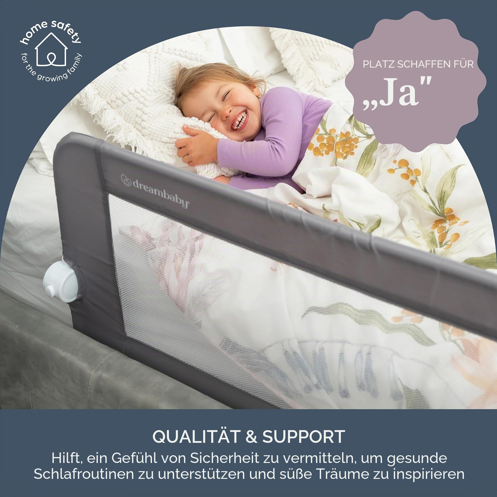 Dreambaby Nicole Bettschutzgitter für Kleinkinder – Extra Breit 150 cm & 50 cm Hoch – Einfache Montage, Waschbarer Bezug, Sicherer Übergang vom Kinderbett ins Bett – Passend für Kingsize-Betten – Grau