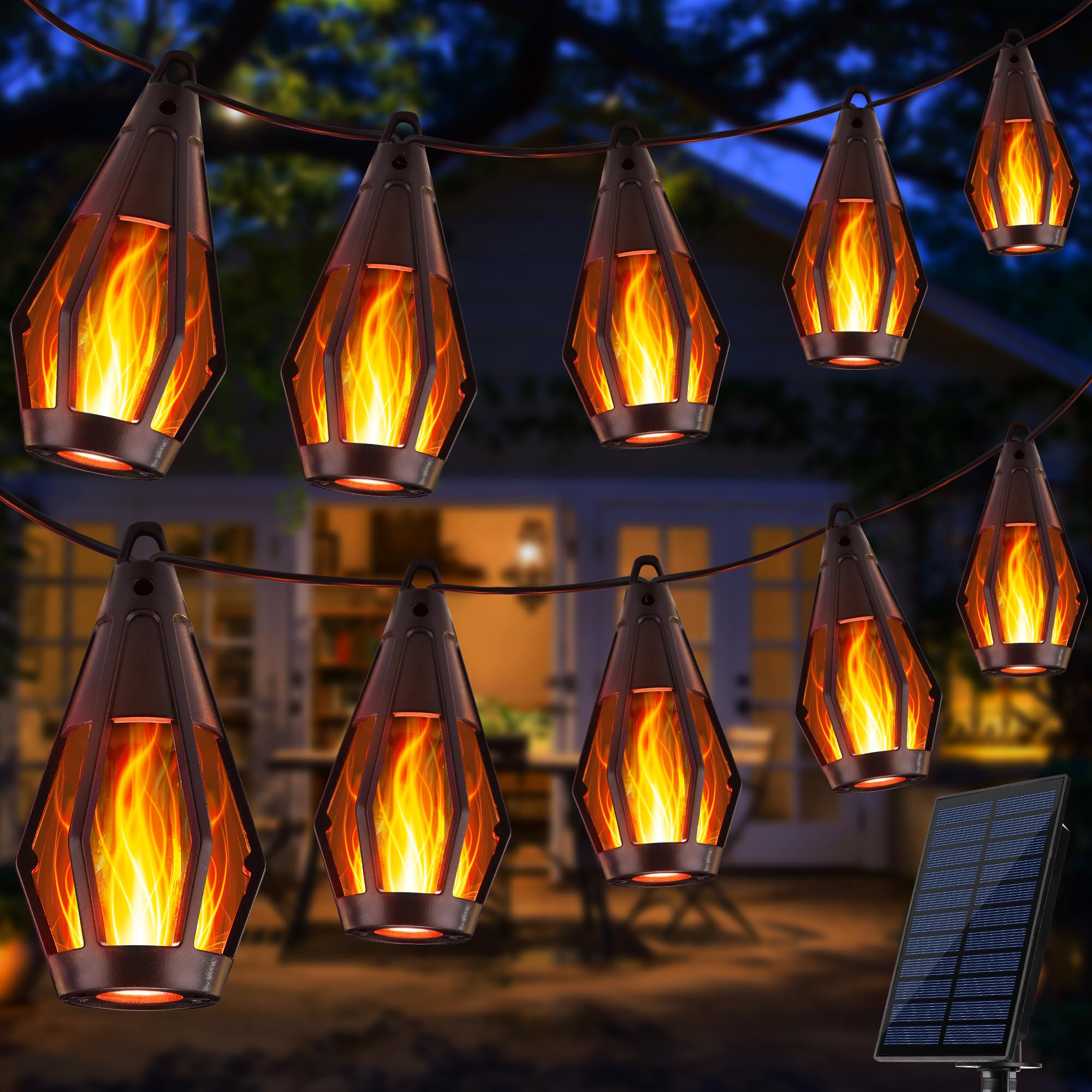 Joomer Solar Lichterkette Aussen, 12.3M LED Solar Lichterkette Außen mit Flammeneffekt,Flammenlicht Solarlichter Outdoor Wetterfest Vintage für Garten Party Pavilion Balkon