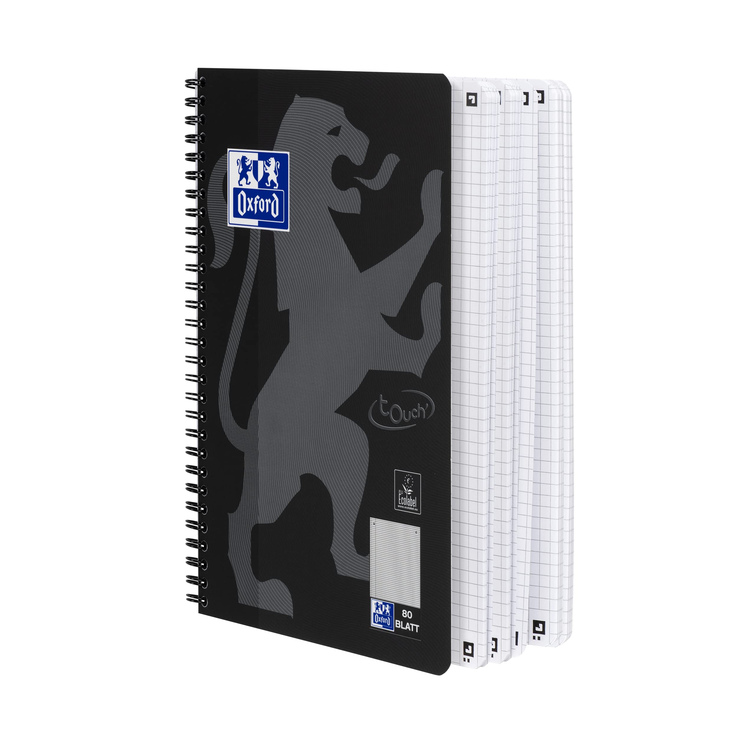 Oxford Touch Collegeblock B5 (17,6x25 cm) kariert mit Rand, 160 Seiten, schwarz, 5 Stück