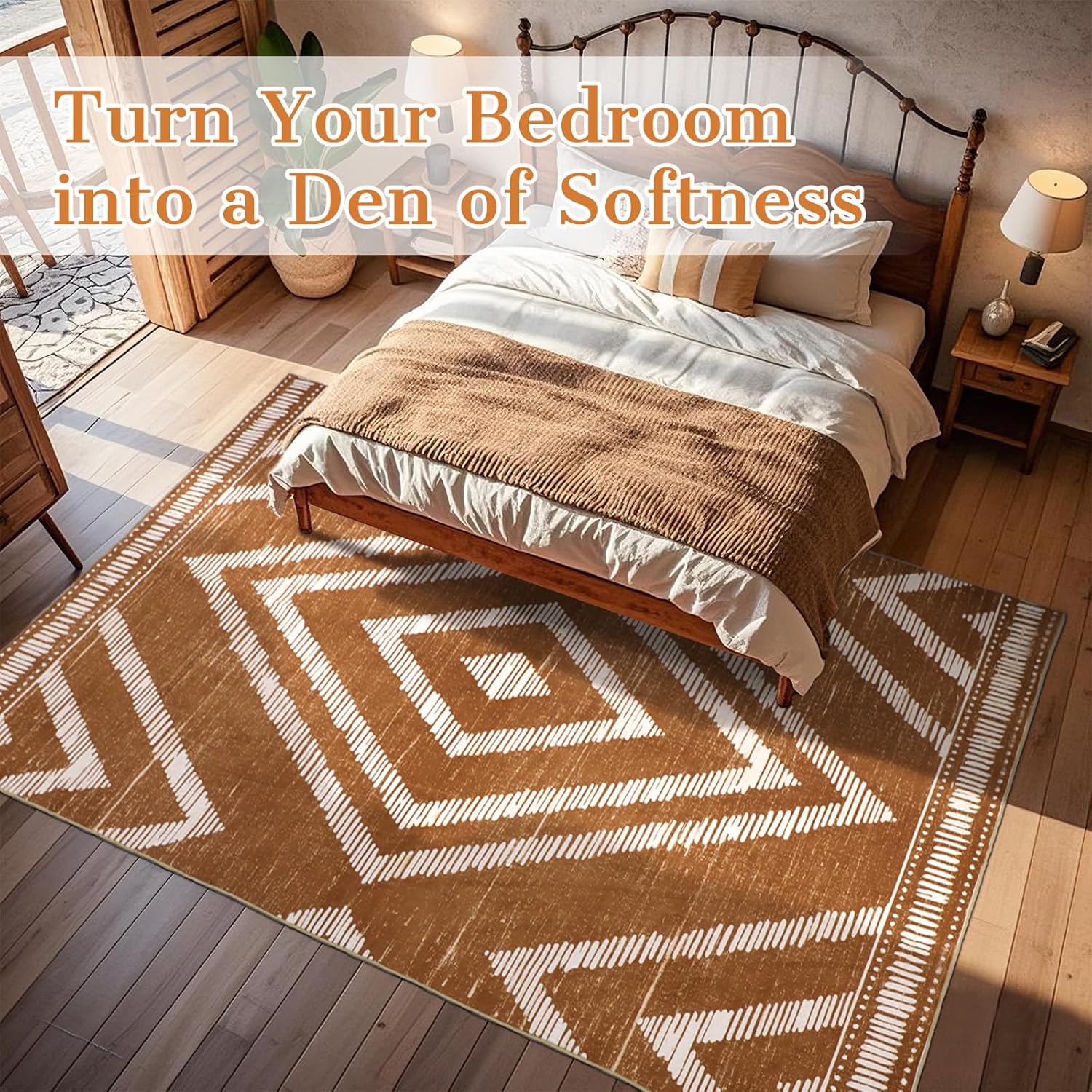 Boho Washable Area Rugs 6x9ft, Moroccan Soft Brown Living Room Nursery Rugs Non Slip, Low Pile Large Bedroom Floor Carpets for Dining Room Bathroom Office Farmhouse