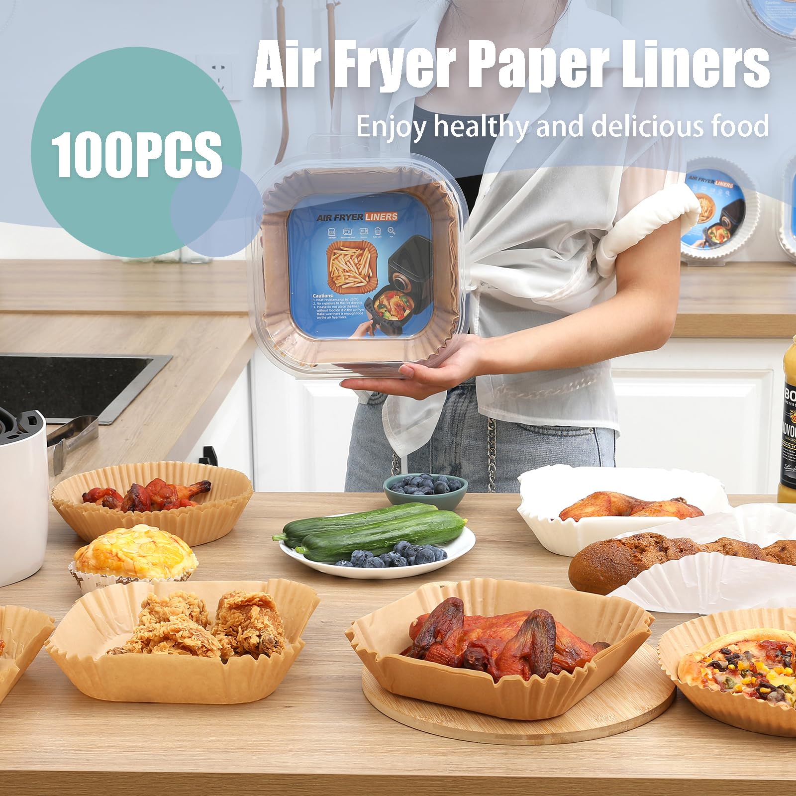 100-Pack Air Fryer Liners – Disposable Non-Stick Round Parchment Papers, Microwave Safe